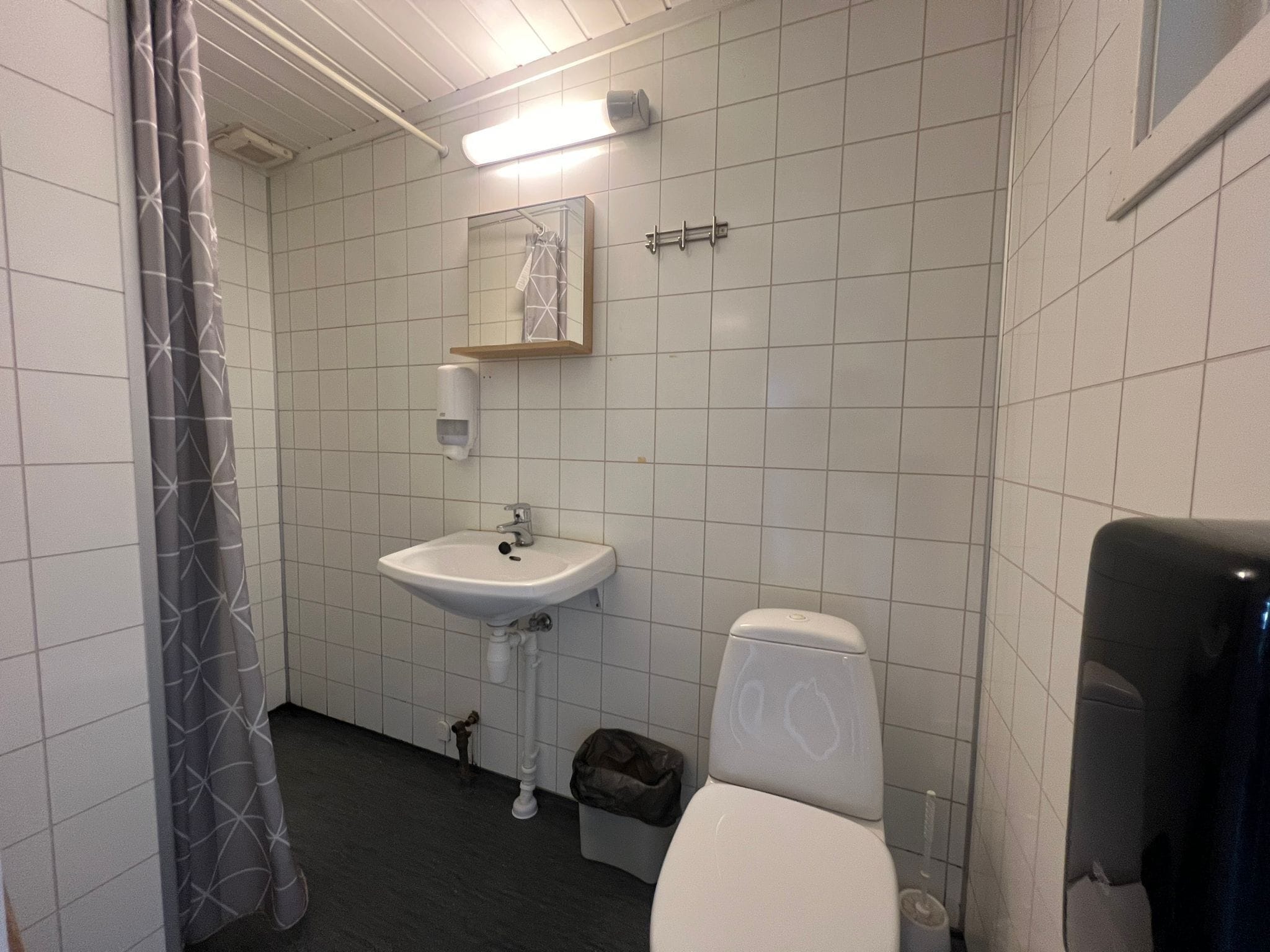 A bathroom with a white sink, toilet, and shower curtain.