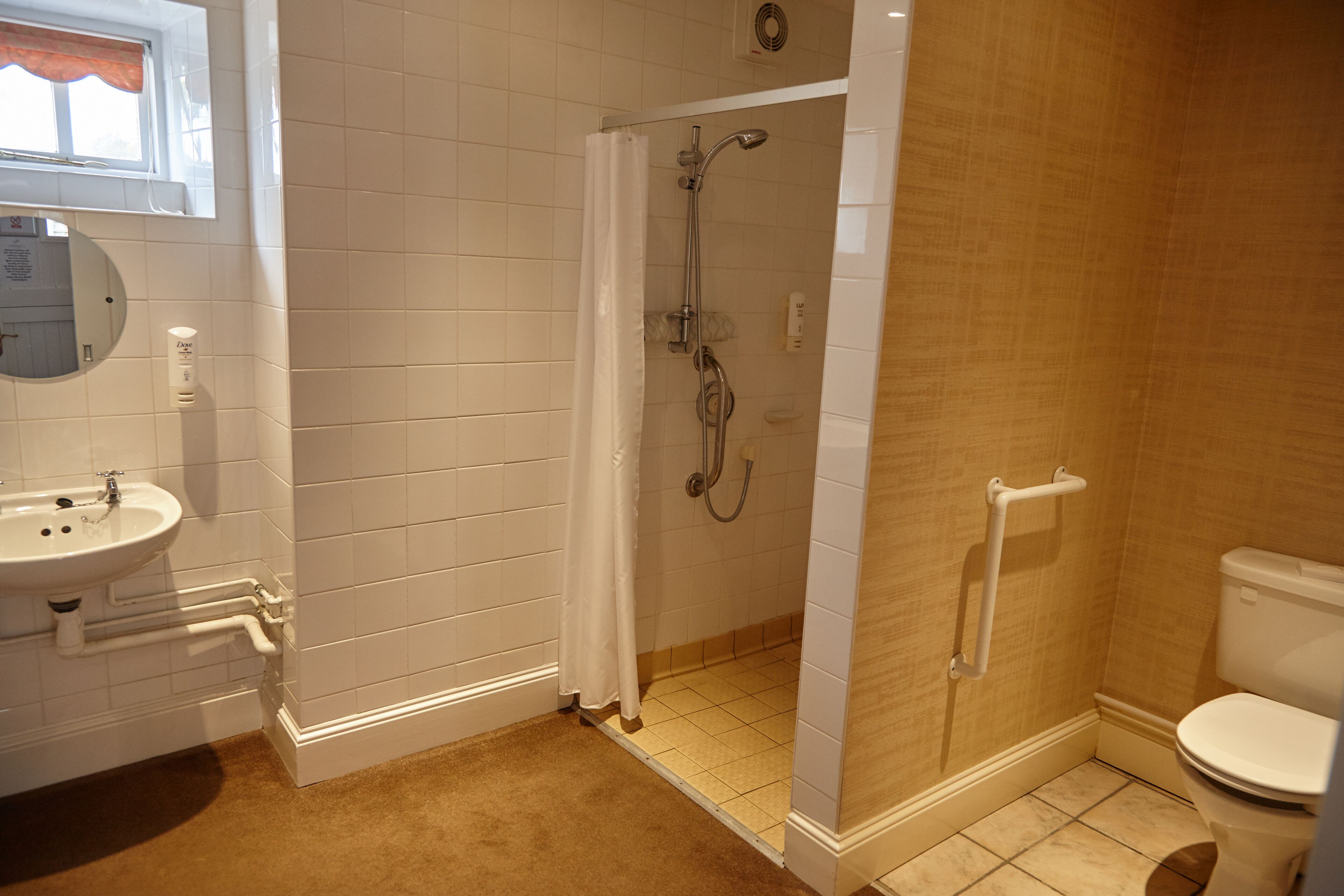 A bathroom with a sink, mirror, shower, and toilet.