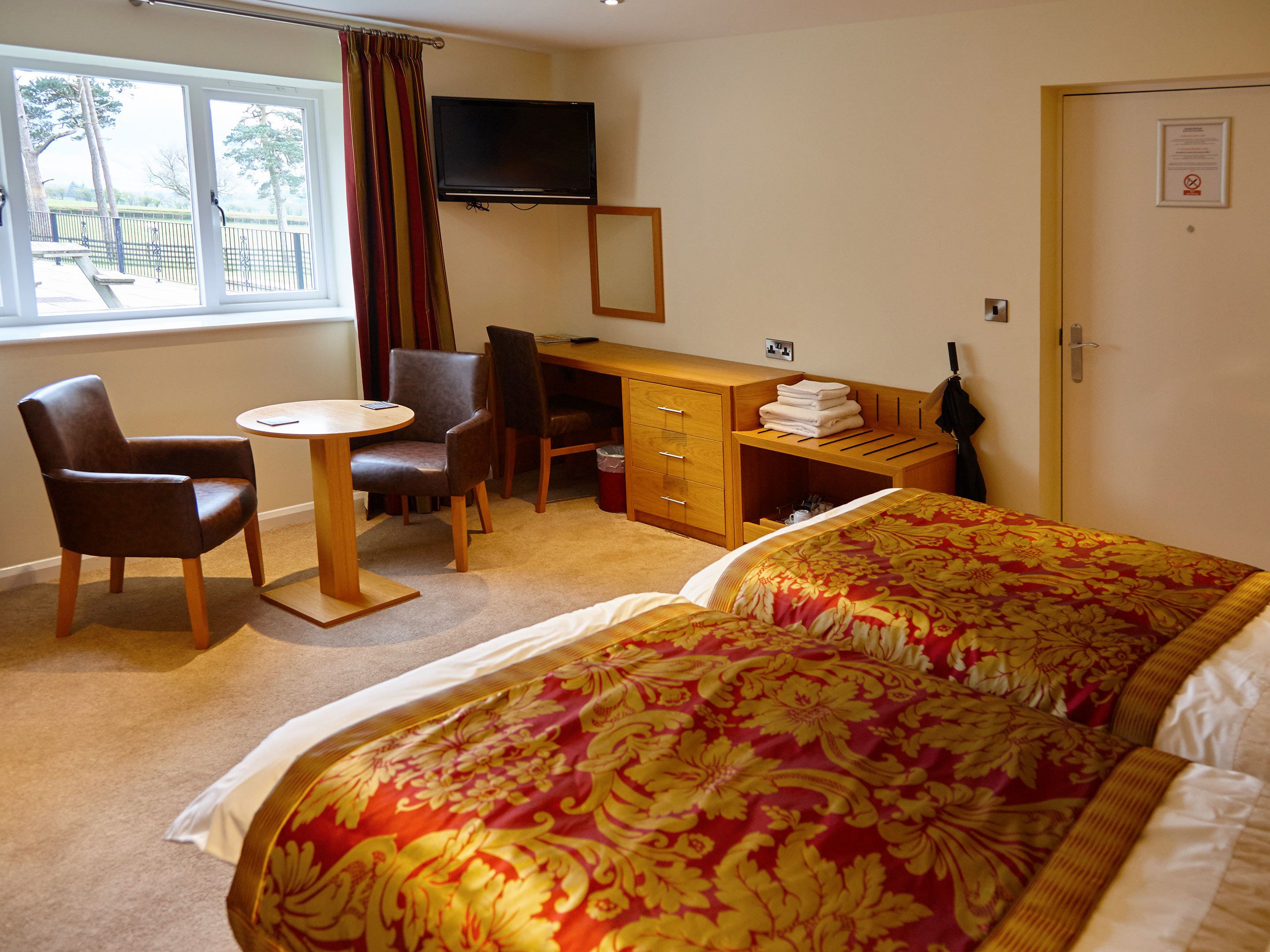 Une chambre d’hôtel équipée d’un lit, d’un bureau, d’une chaise, d’une télévision et d’une fenêtre donnant sur un parc.