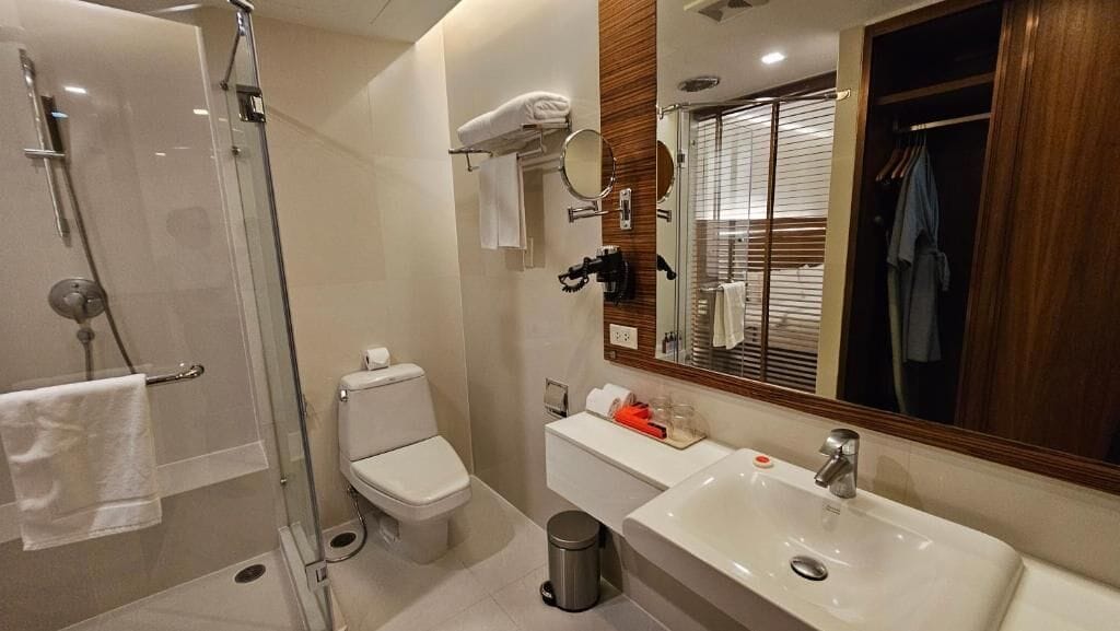Premier King Room | Baño | Regadera, regadera tipo lluvia, amenidades de baño gratuitas 