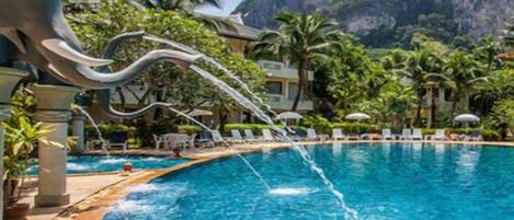 Outdoor pool, pool umbrellas, sun loungers