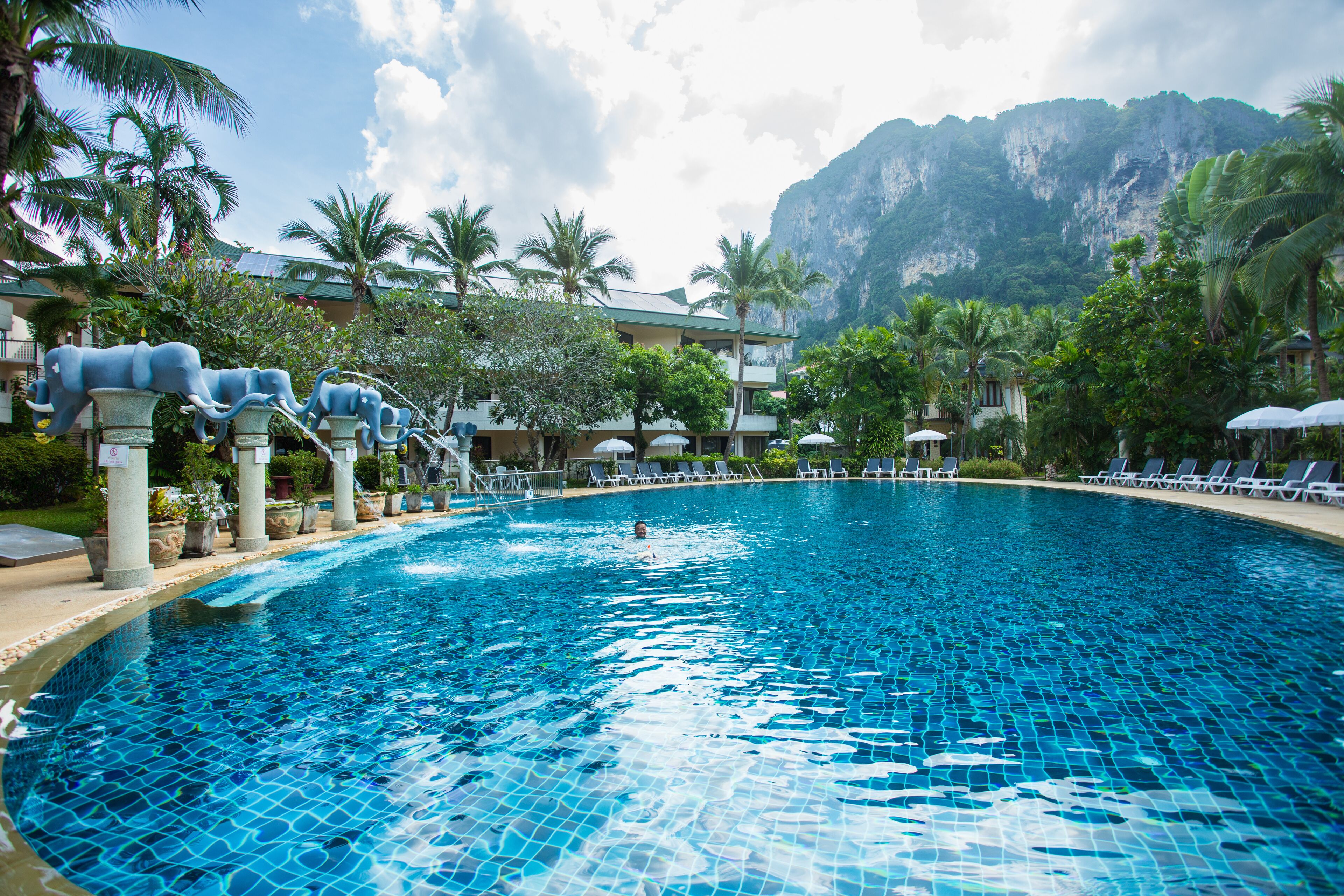 outdoor pool, pool umbrellas, pool loungers