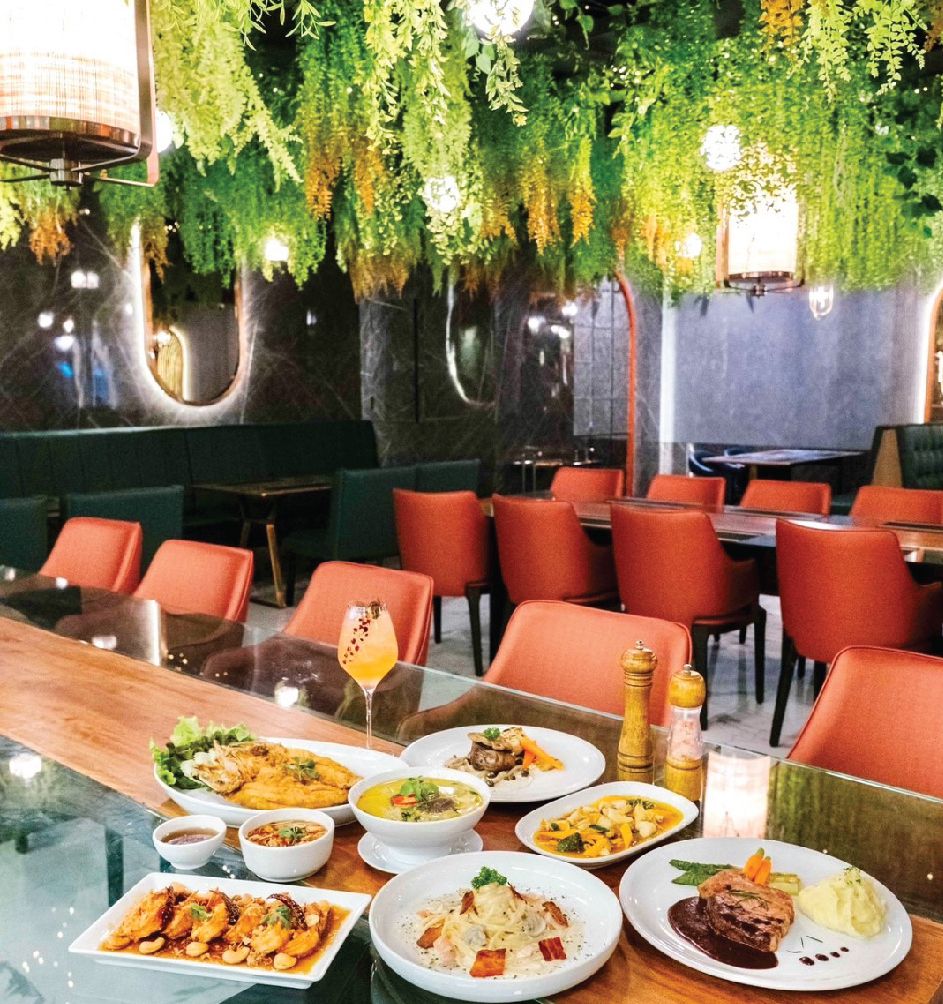 A restaurant with a glass table displaying various dishes, red chairs, and a green hanging plant in the background.