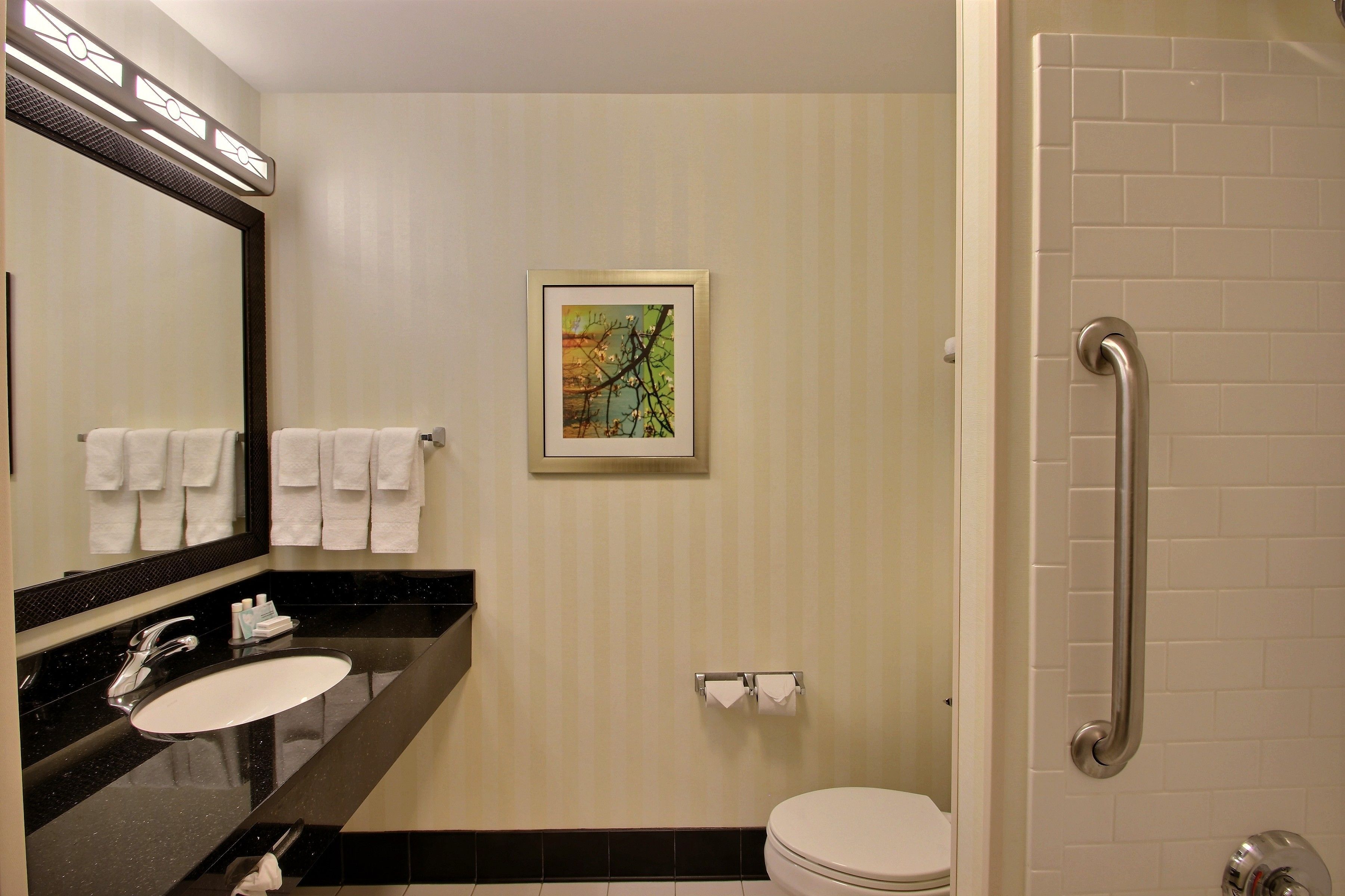 A bathroom with a sink, mirror, towel rack, toilet, and a shower area.