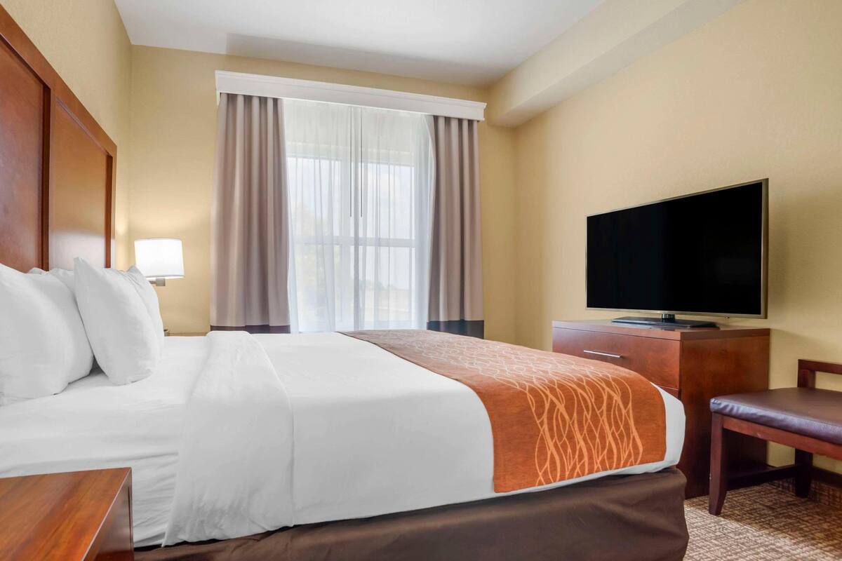 A hotel room with a bed, a TV, a desk, and a window with curtains.