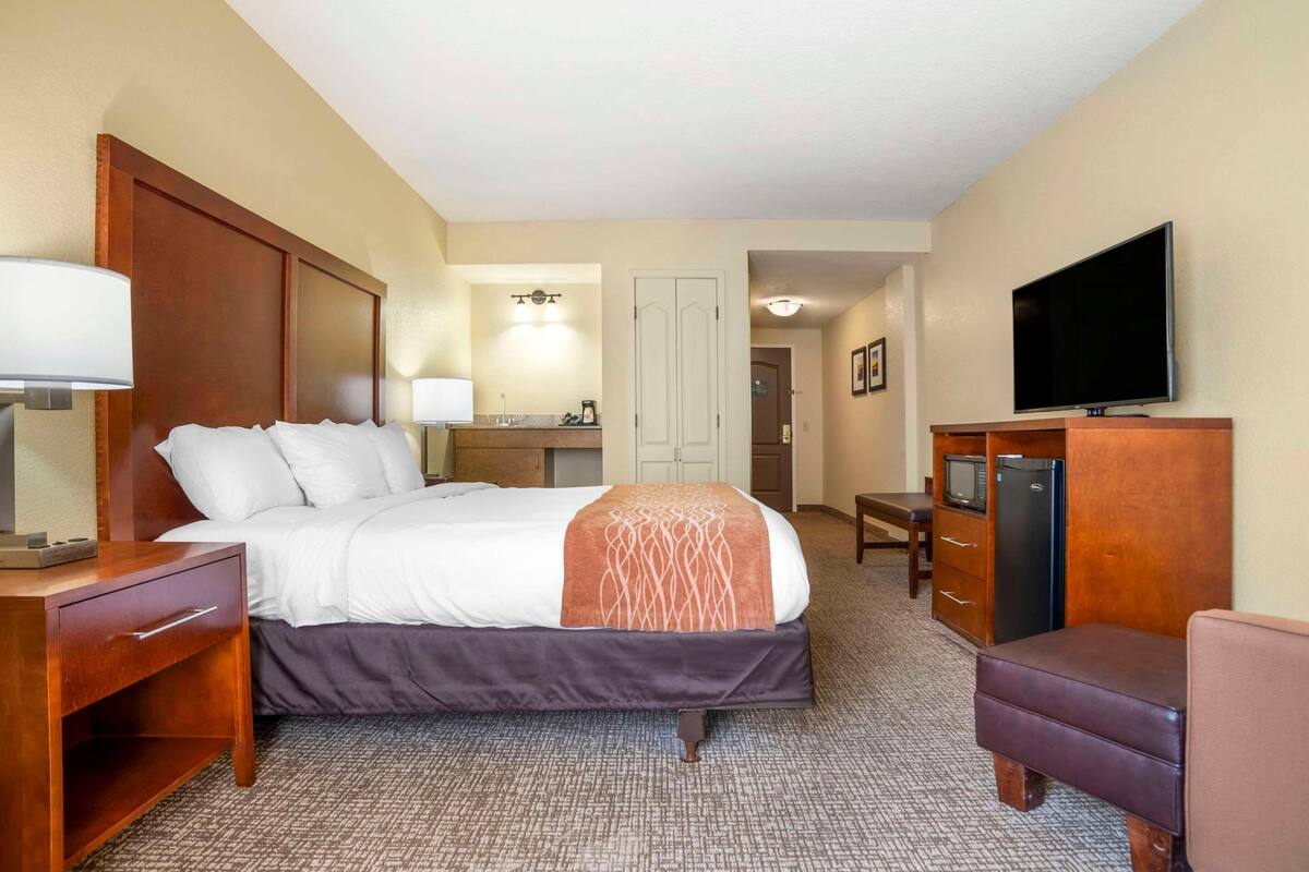 A hotel room with a bed, bedside table, lamp, TV, dresser, and a small seating area.