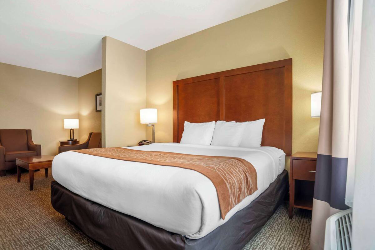 A hotel room with a large bed, a bedside table, a chair, and a lamp.