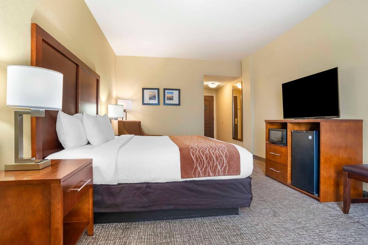 A hotel room with a bed, bedside tables, a TV, a refrigerator, and a microwave.