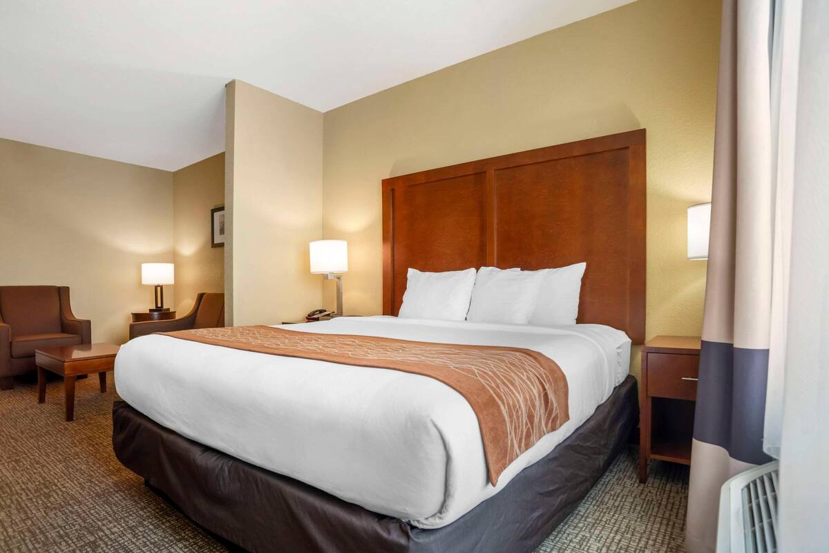 A hotel room with a large bed, a nightstand, a desk, a chair, and two lamps.