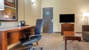 Habitación de hotel con escritorio, una silla, televisor, sofá y suelo alfombrado.