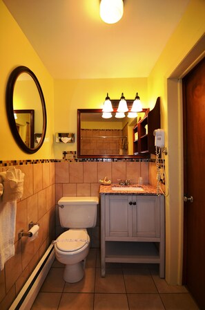 A bathroom with a toilet, sink, and mirror. There are three lights above the mirror, a towel rack, and a hairdryer on the wall. - Williamstown Motel (Williamstown)