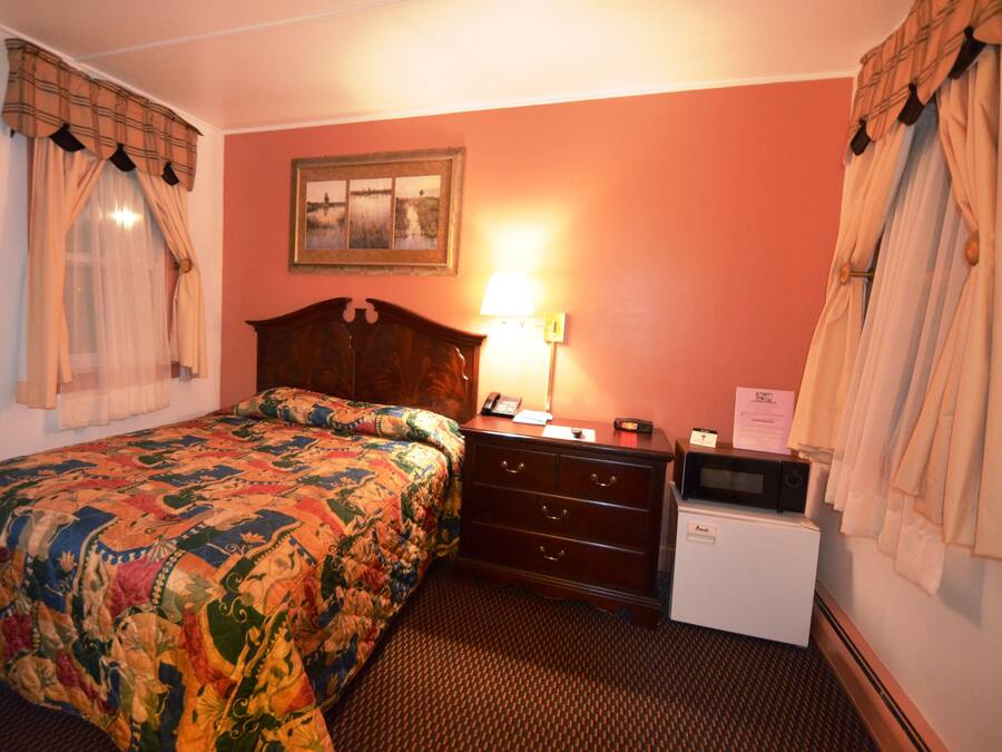 A hotel room with a bed, a nightstand, a lamp, a microwave, and a small refrigerator.