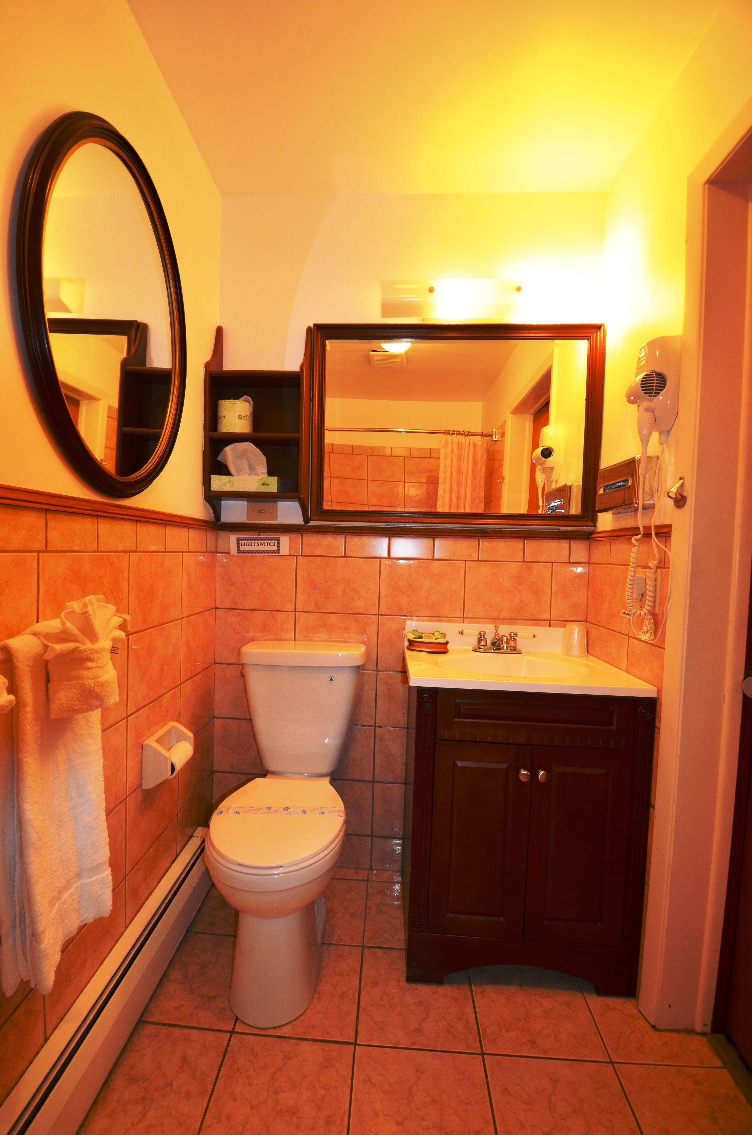 A bathroom with a toilet, sink, mirror, and towel rack.