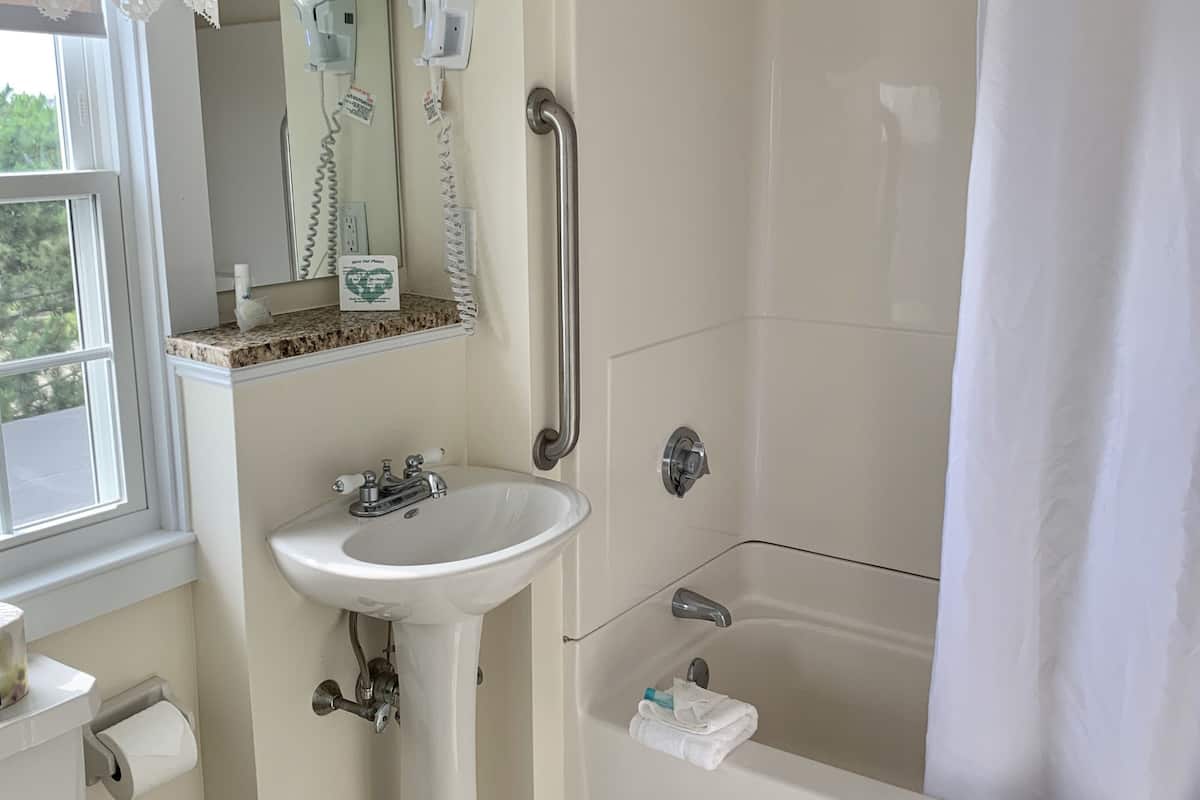 combined shower/bathtub, free toiletries, hair dryer, towels