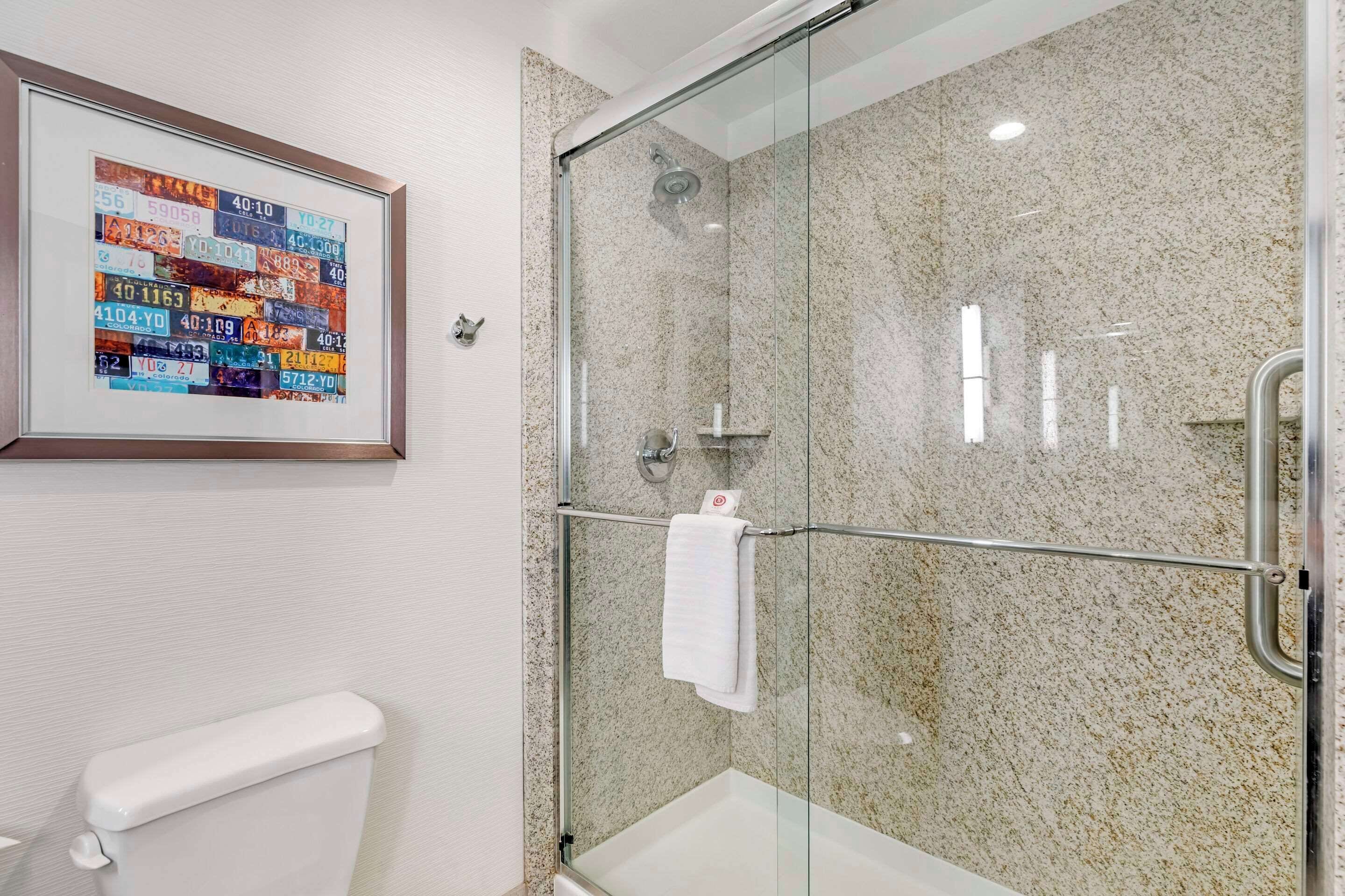 A bathroom with a glass-enclosed shower, a framed picture on the wall, and a white toilet.
