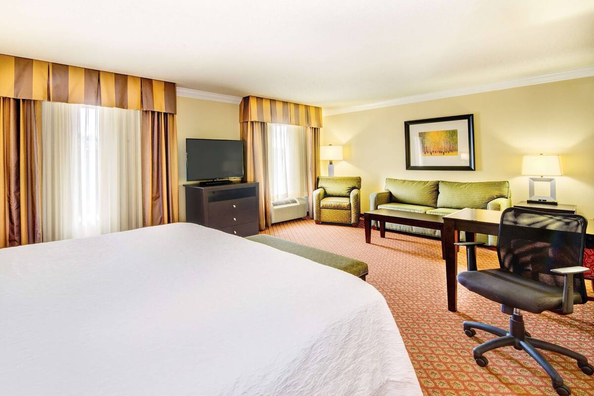 A hotel room with a large bed, a desk with a chair, a sofa, a television, and a painting on the wall.