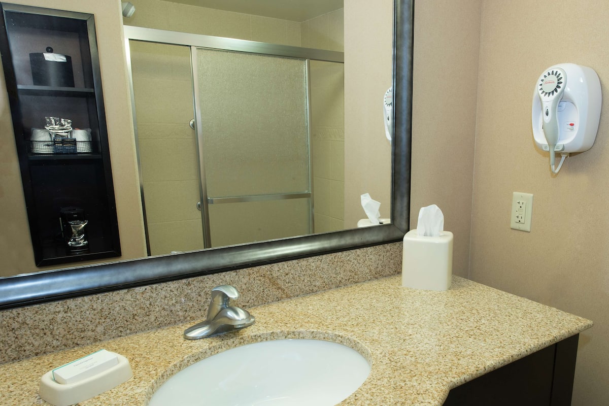 A bathroom with a granite countertop, a sink, a mirror, a hairdryer, and a shelf with toiletries.