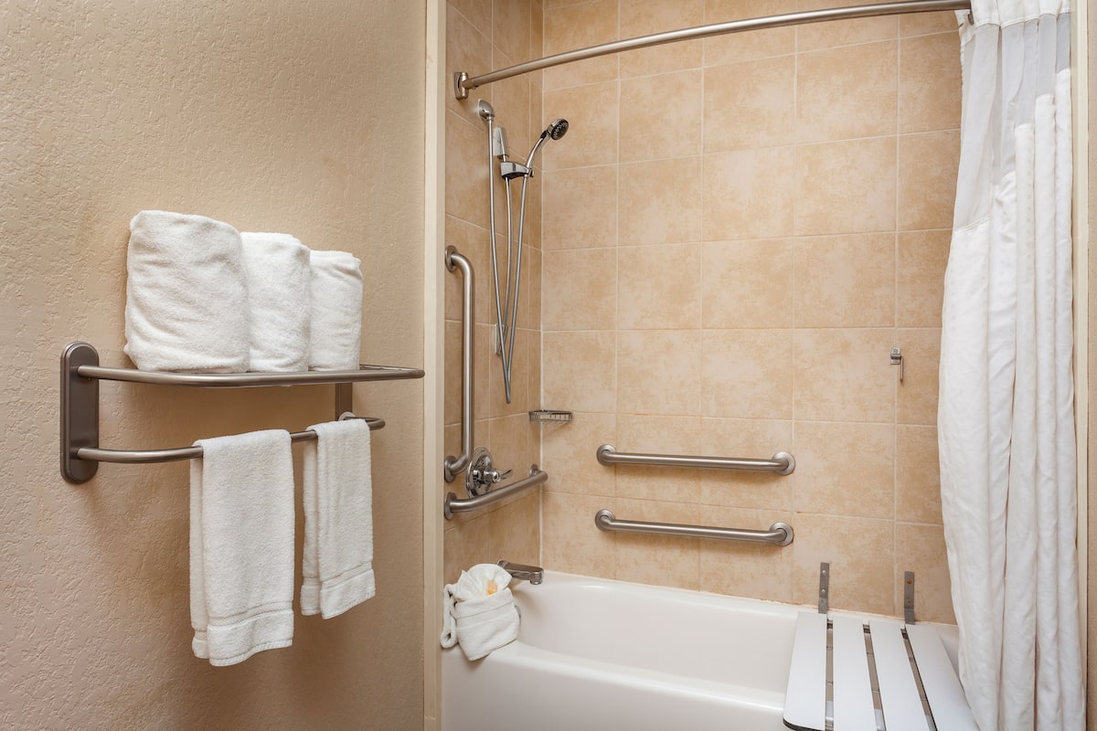 combined shower/bathtub, free toiletries, hair dryer, towels