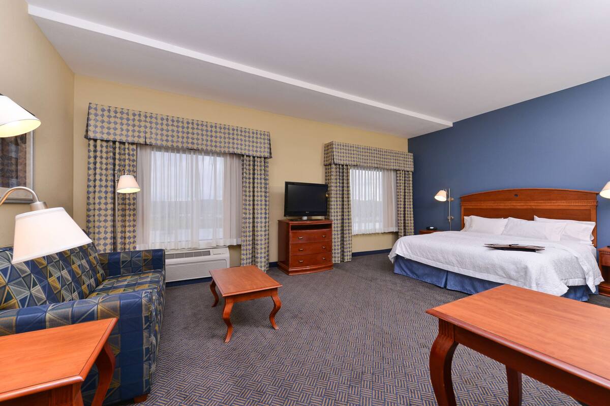 Une chambre d’hôtel avec un lit, un canapé, une télévision et un bureau.