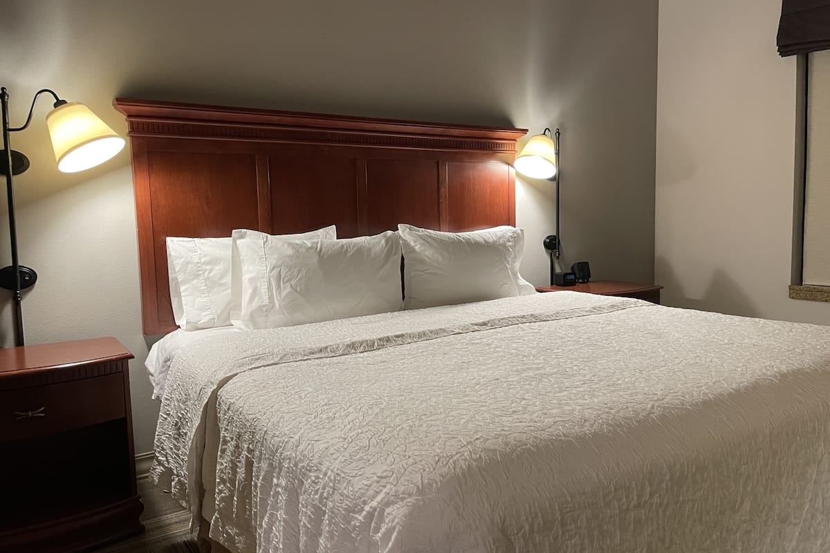 select comfort beds, desk, blackout curtains, iron/ironing board