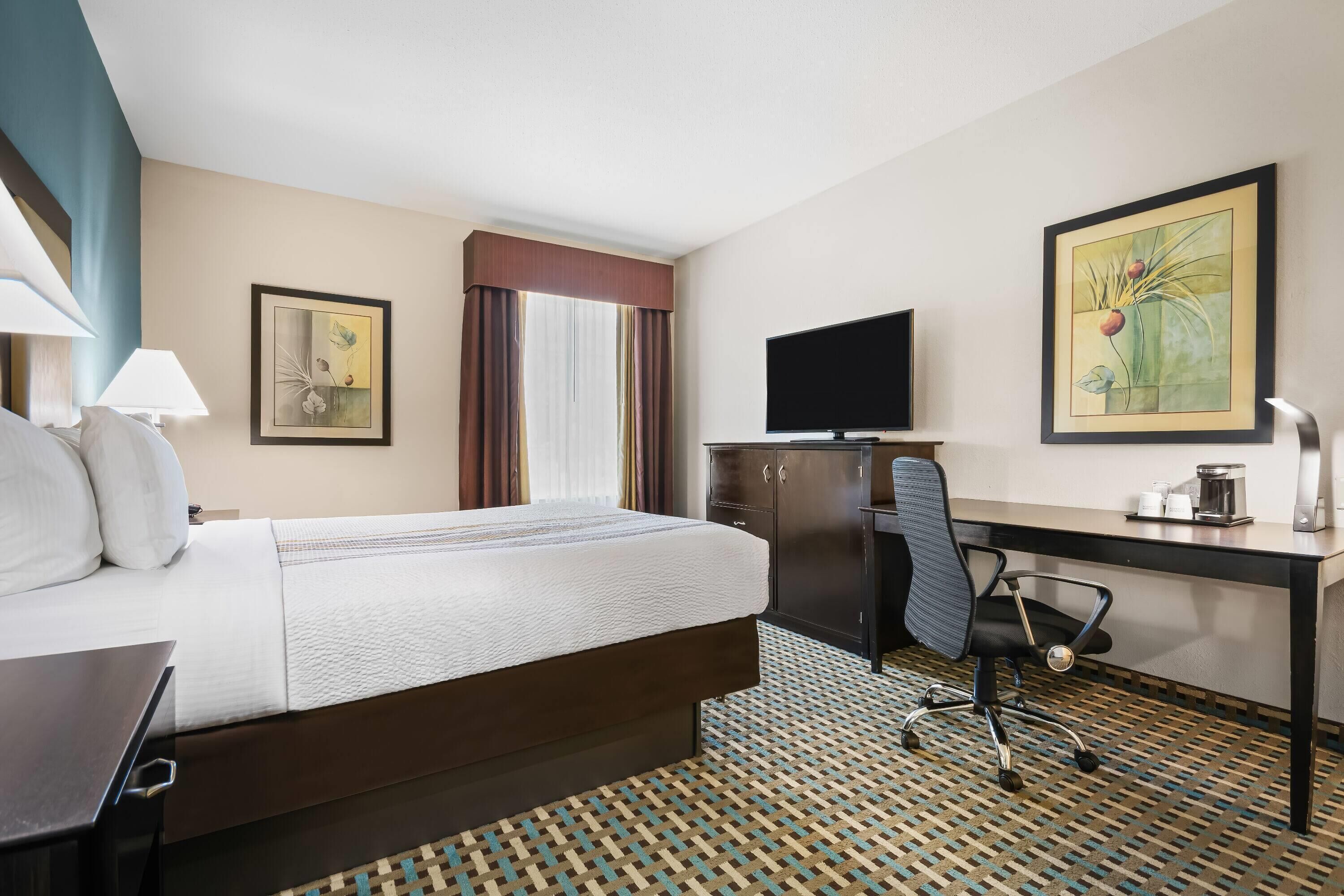 Una habitación de hotel con cama, escritorio, silla, televisor y obras de arte en las paredes.