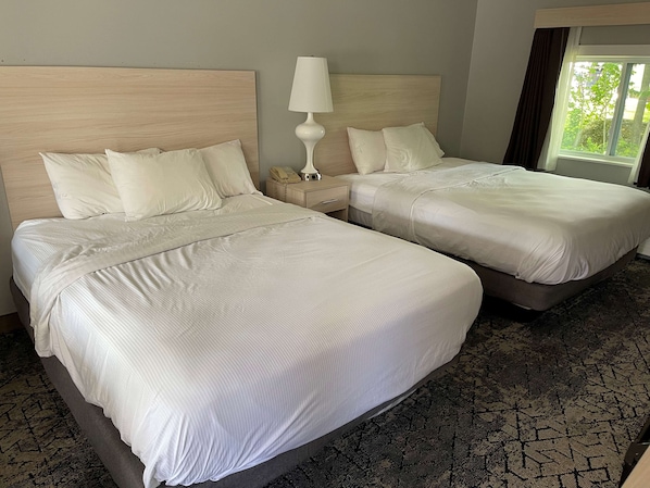 Habitación de hotel con dos camas, una mesita de noche con lámpara y ventana con vista a follaje.
