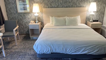 Ett hotellrum med en stor säng, två sängbord med lampor, en stol, ett litet bord och en inramad tavla på väggen.