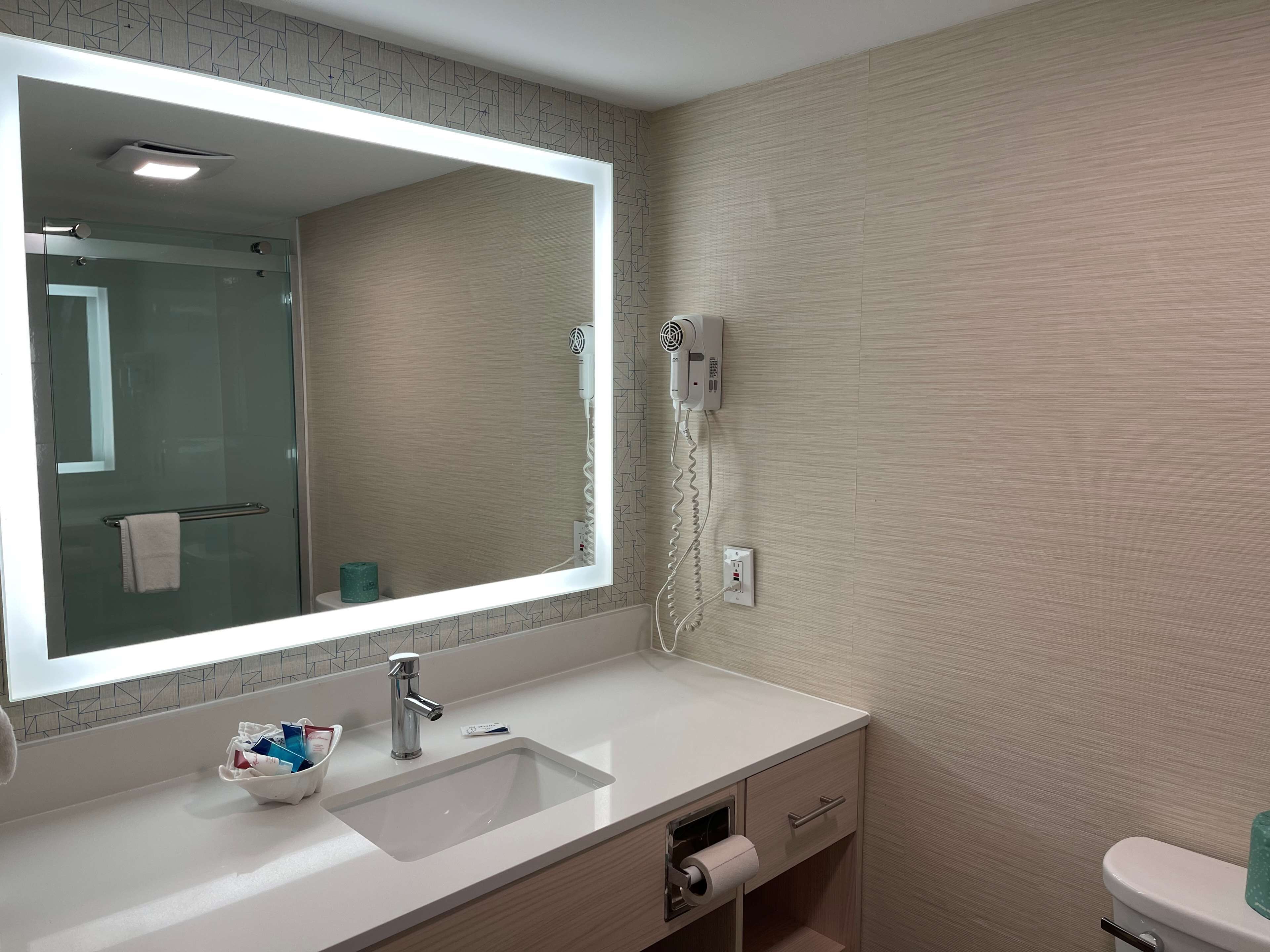 combined shower/bathtub, free toiletries, hair dryer, towels