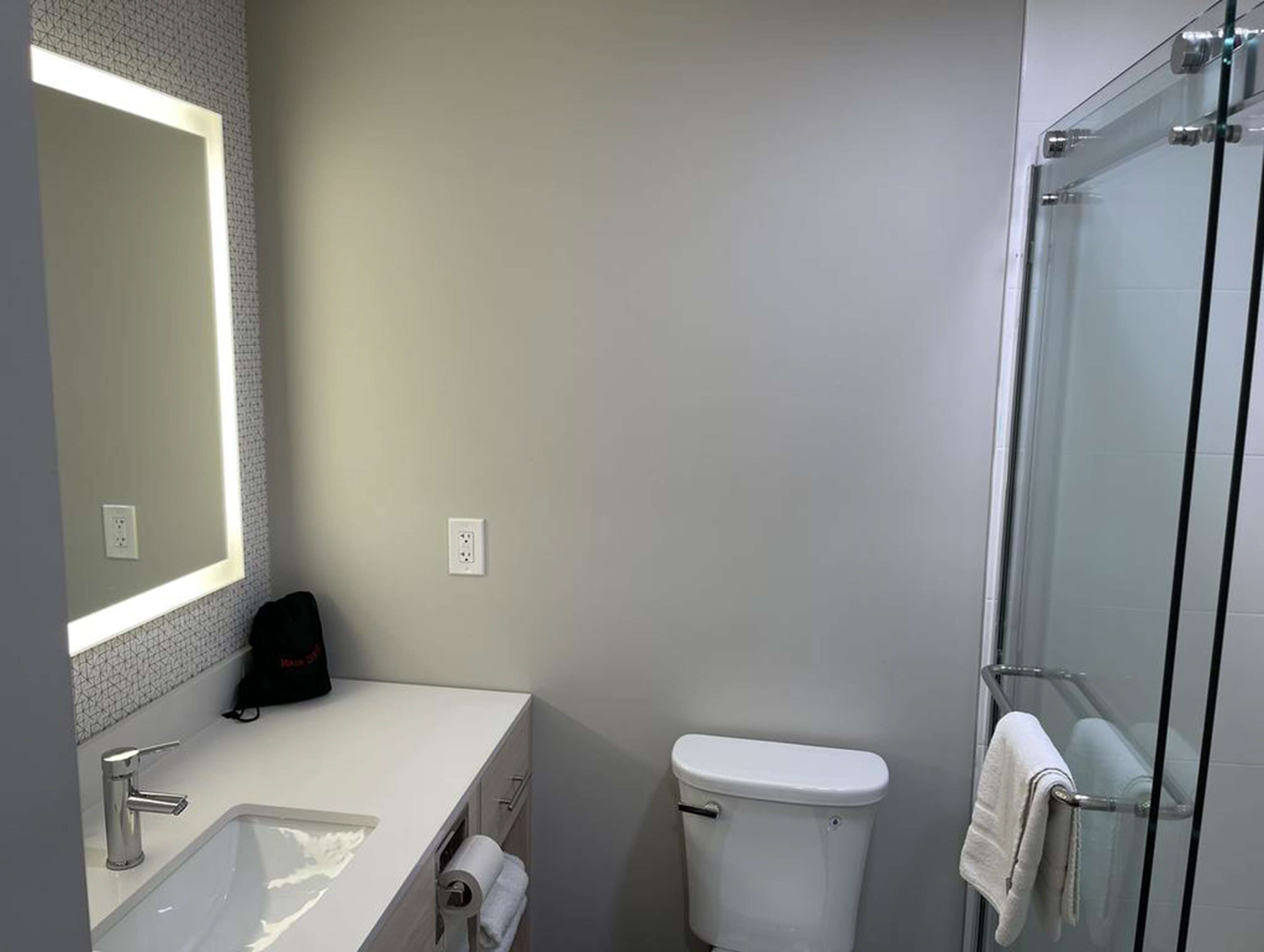 combined shower/bathtub, free toiletries, hair dryer, towels