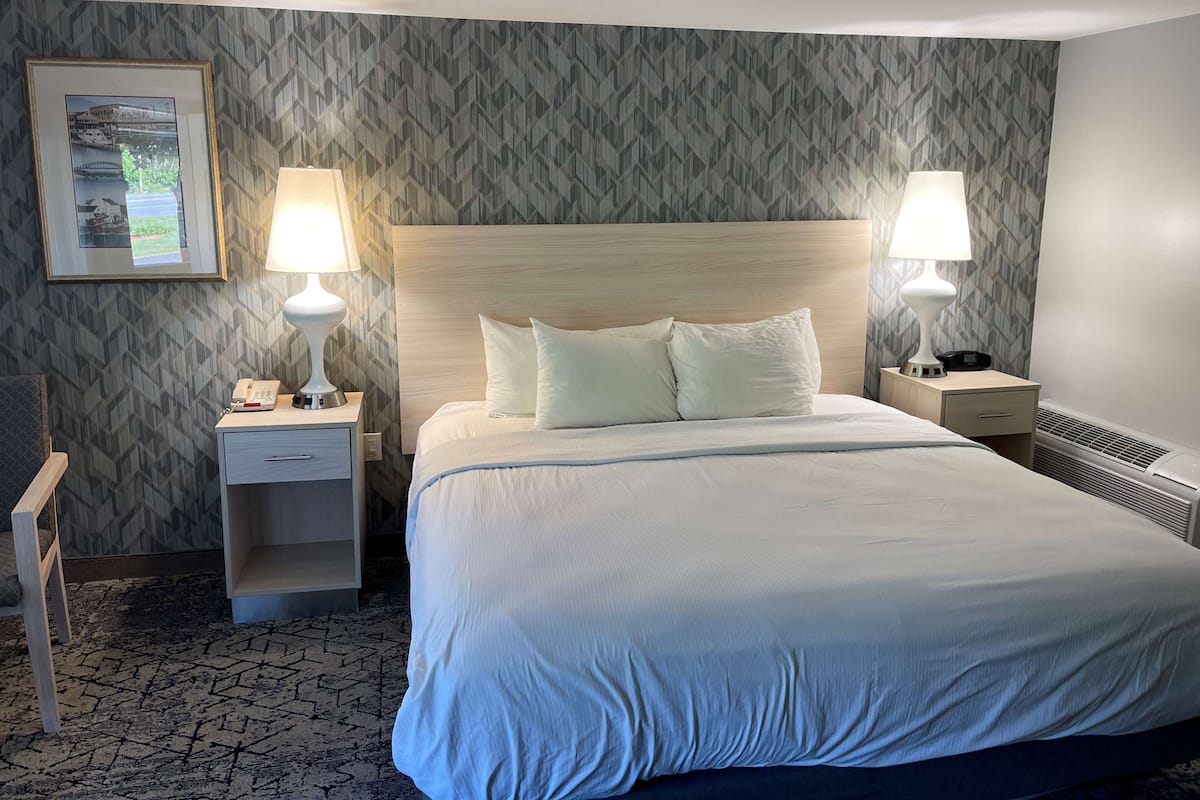 A hotel room with a large bed, two bedside tables with lamps, a framed picture on the wall, and a patterned carpet.