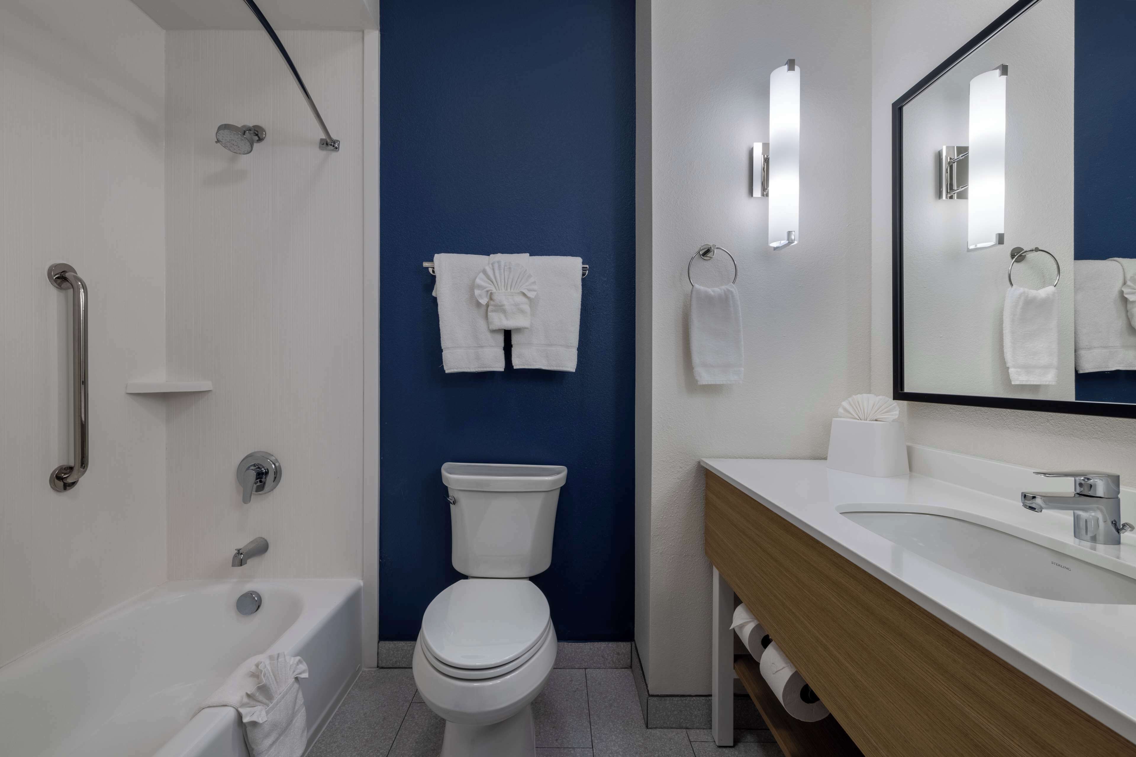 combined shower/bathtub, hair dryer, towels