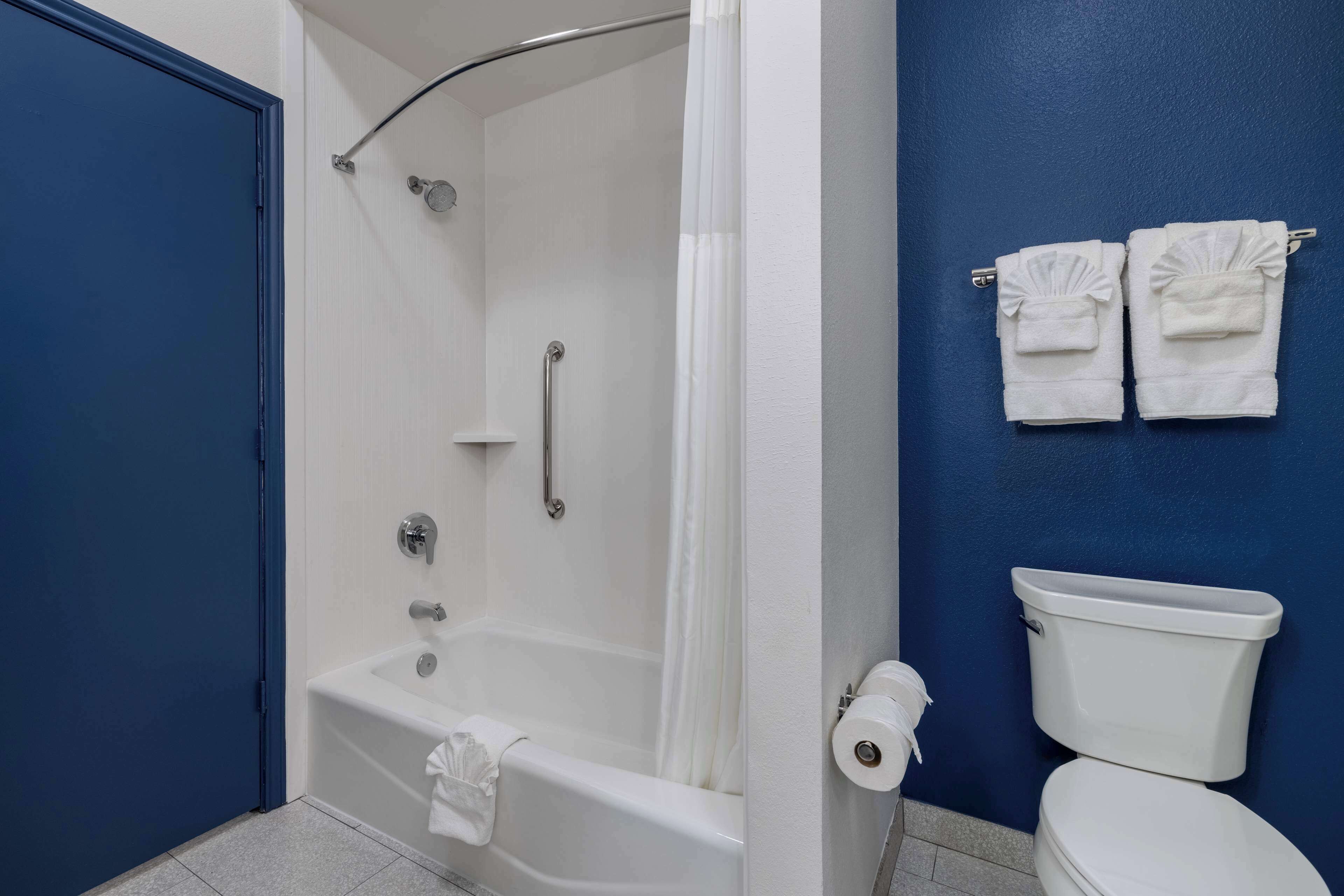 A bathroom with a bathtub, toilet, and a shower curtain.