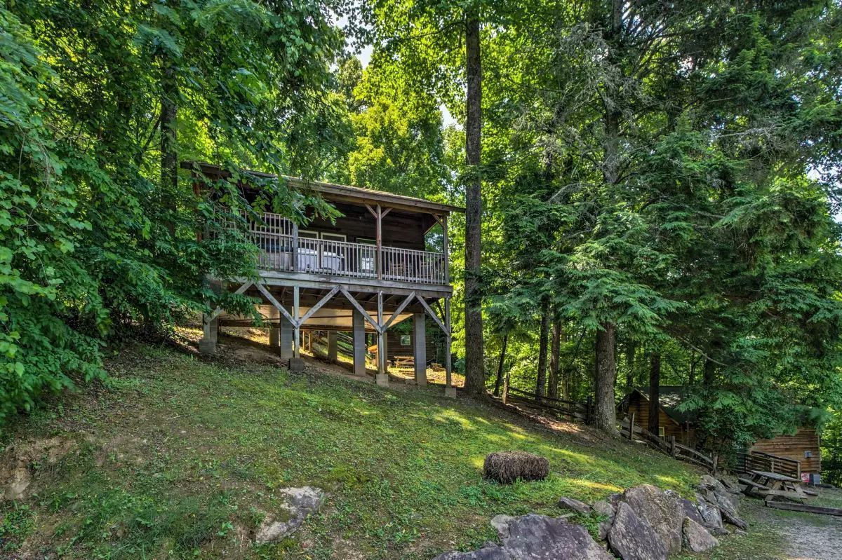 Une cabane dotée d’une terrasse en bois et d’un porche abrité, entourée d’une forêt dense.