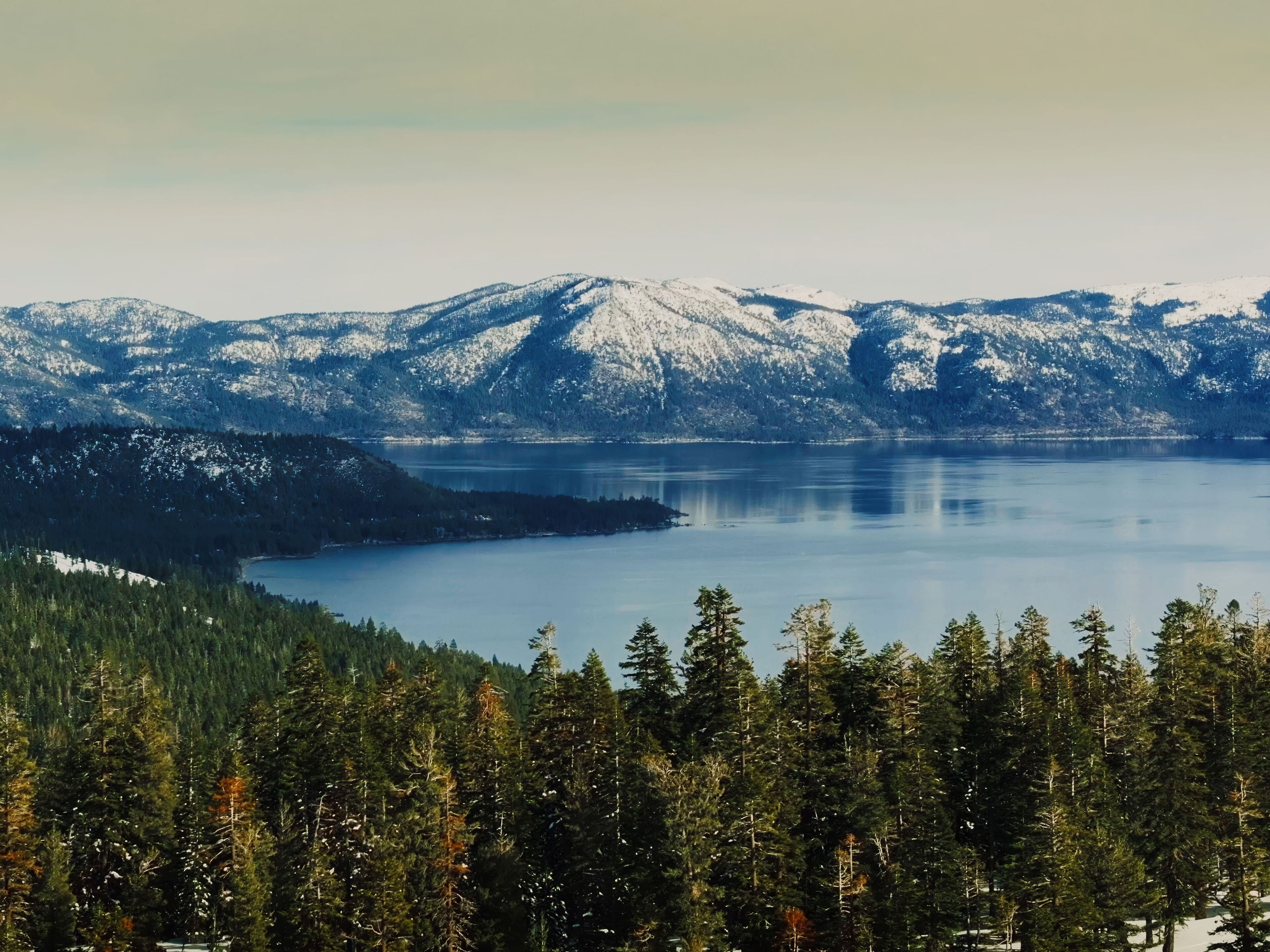 Paisagem montanhosa com um lago e floresta densa.