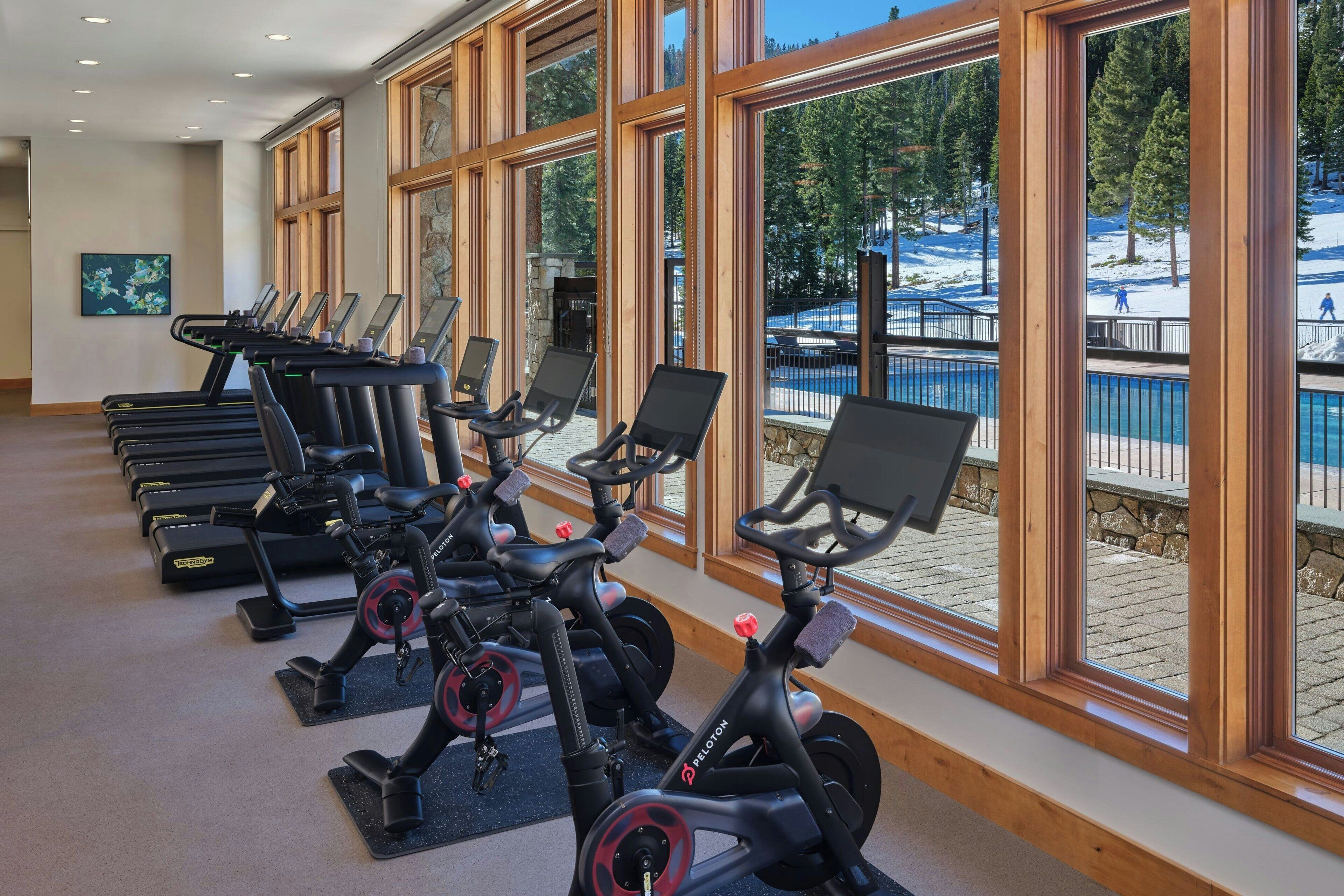 A gym with stationary bikes, treadmills, and rowing machines.