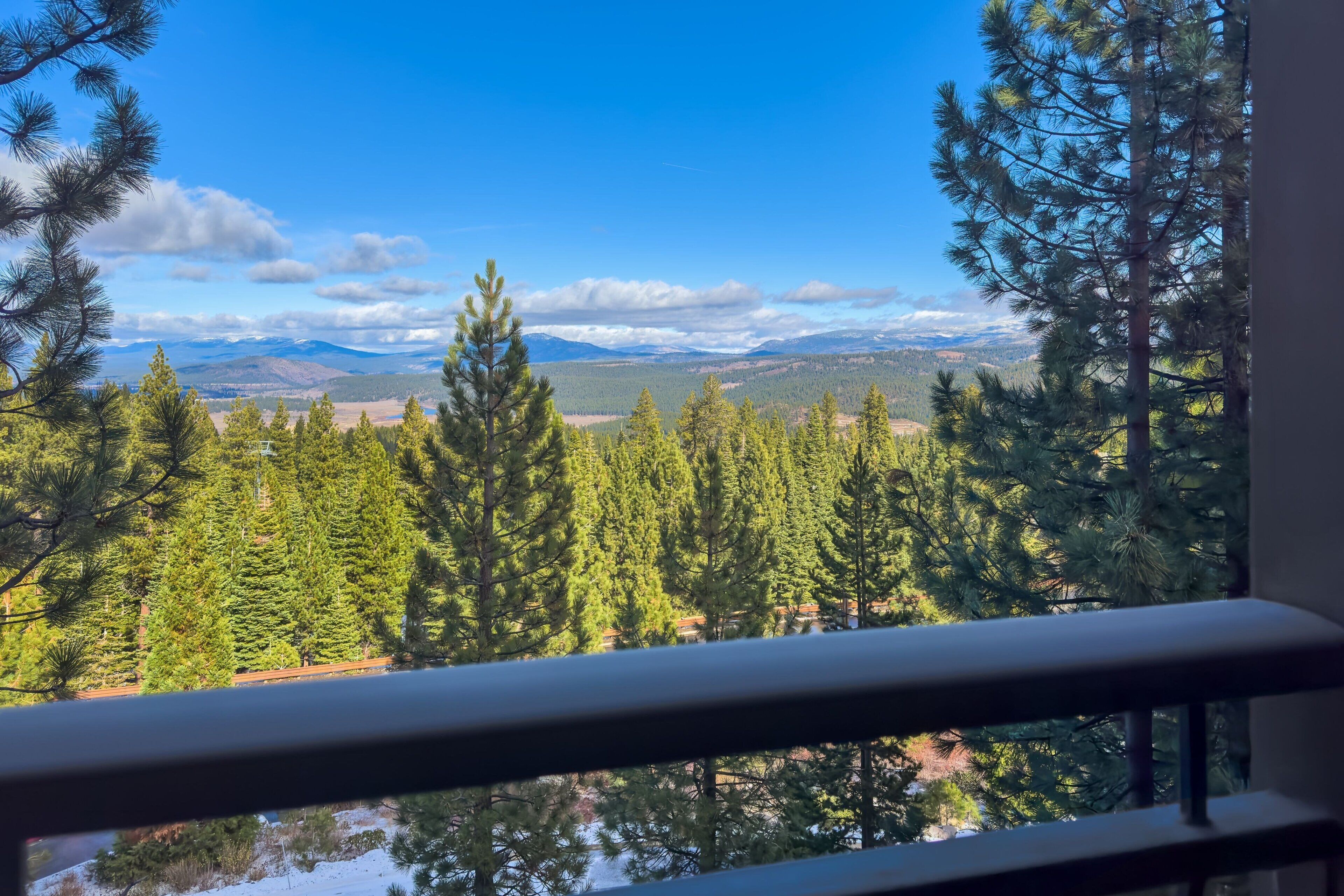 A view from a window overlooking a forested area with mountains in the distance.
