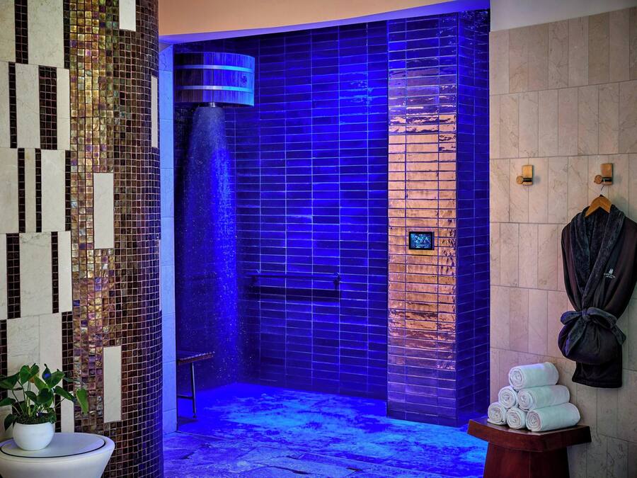 A modern bathroom with a blue-lit shower, a potted plant, and neatly folded towels.