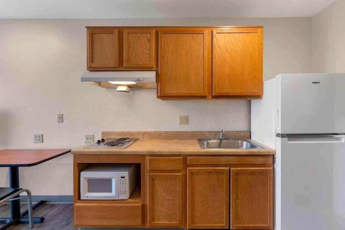 Full-size fridge, microwave, stovetop, freezer