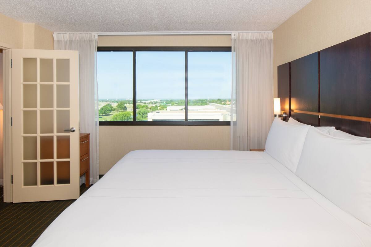 A hotel room with a large bed, a window with a city view, a door with a view of the outdoors, and a nightstand with a lamp.