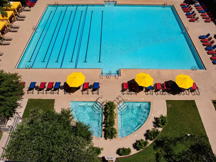 Uma grande piscina retangular com várias pistas de natação, rodeada por espreguiçadeiras e guarda-sóis, e uma área de piscina menor com borda curva.