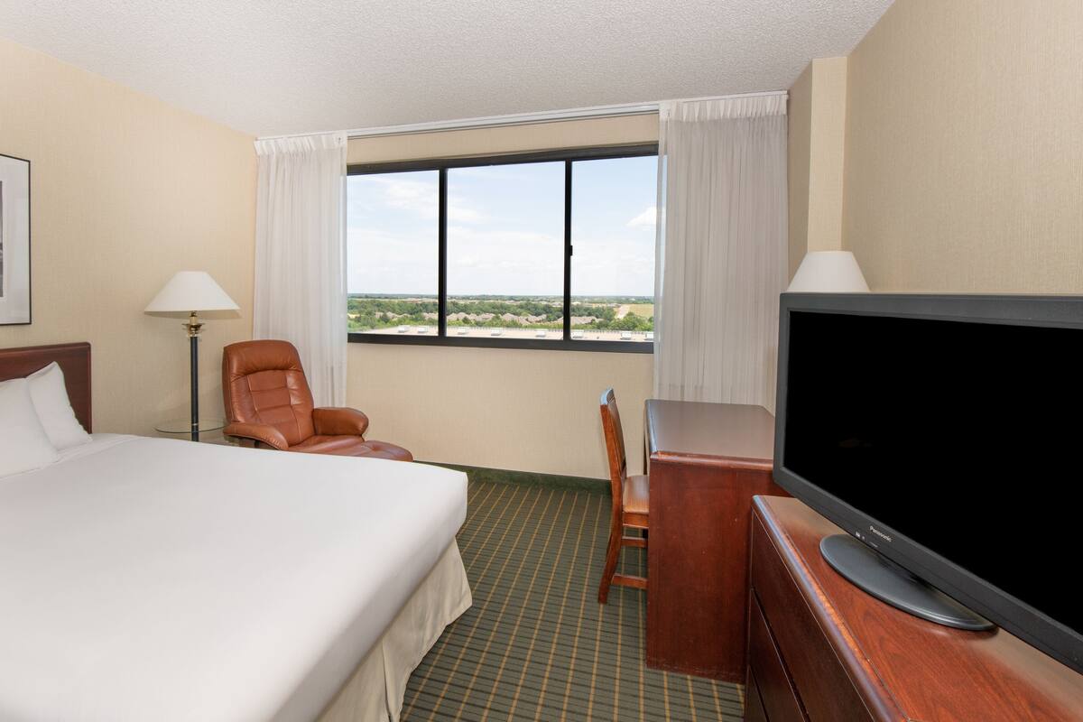 A hotel room with a bed, a desk, a television, a chair, a lamp, and a window with a view of the landscape.