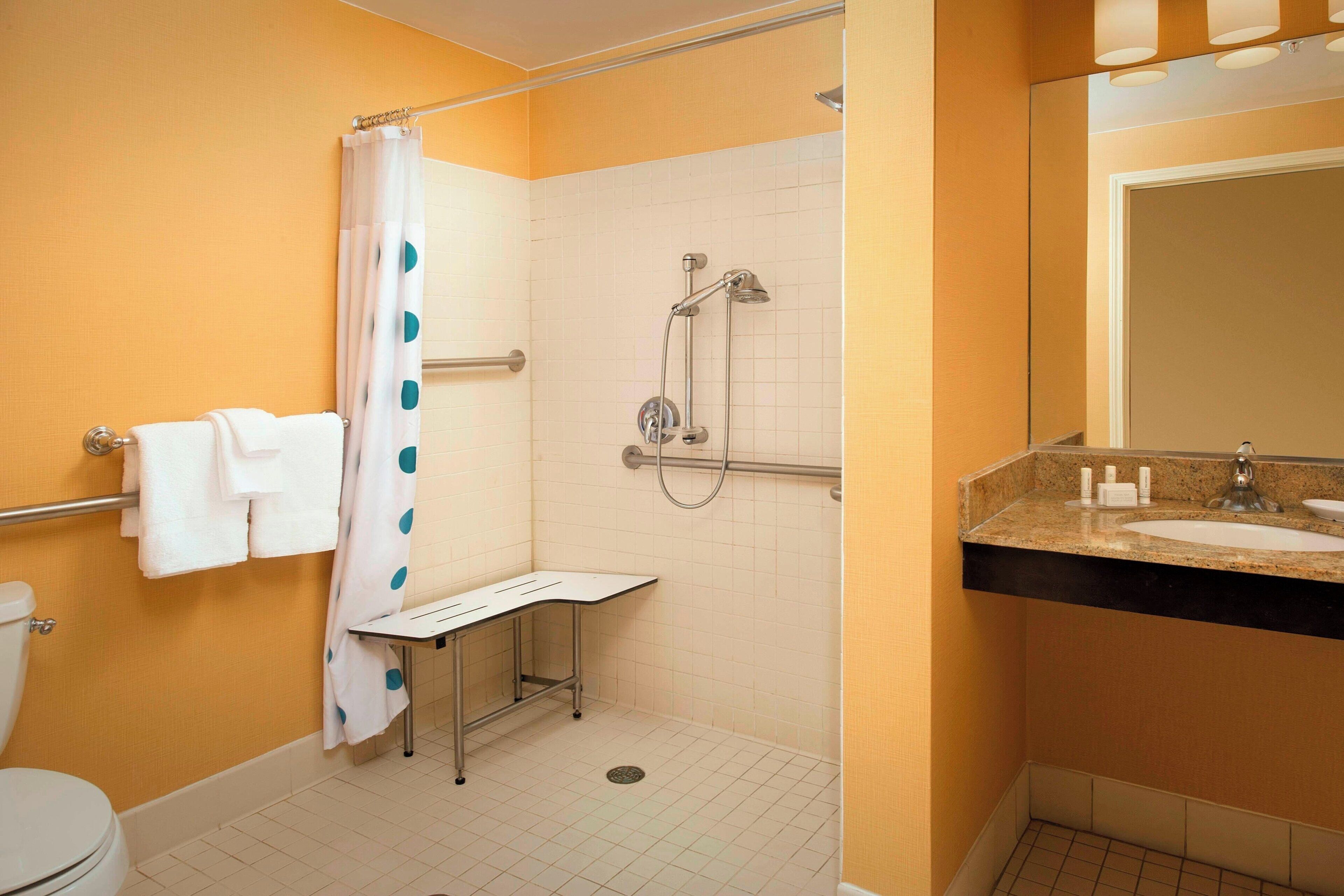 combined shower/bathtub, free toiletries, hair dryer, towels