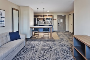 Una cocina moderna con barra, un sofá y una alfombra estampada.