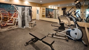 Un gimnasio con máquinas de cardio, máquinas de pesas y un banco.