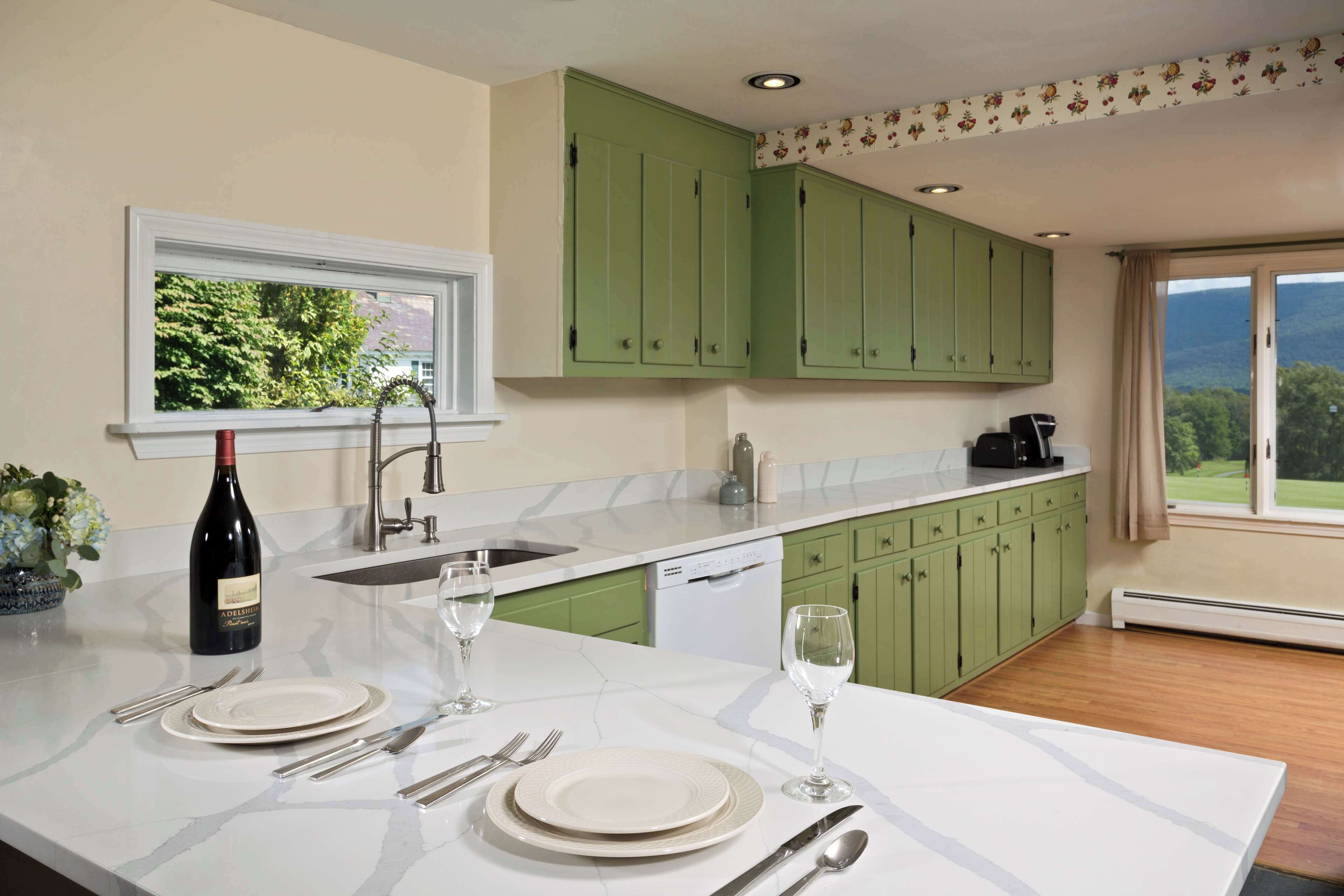 A modern kitchen with green cabinets, a marble countertop, and a view of the outdoors.