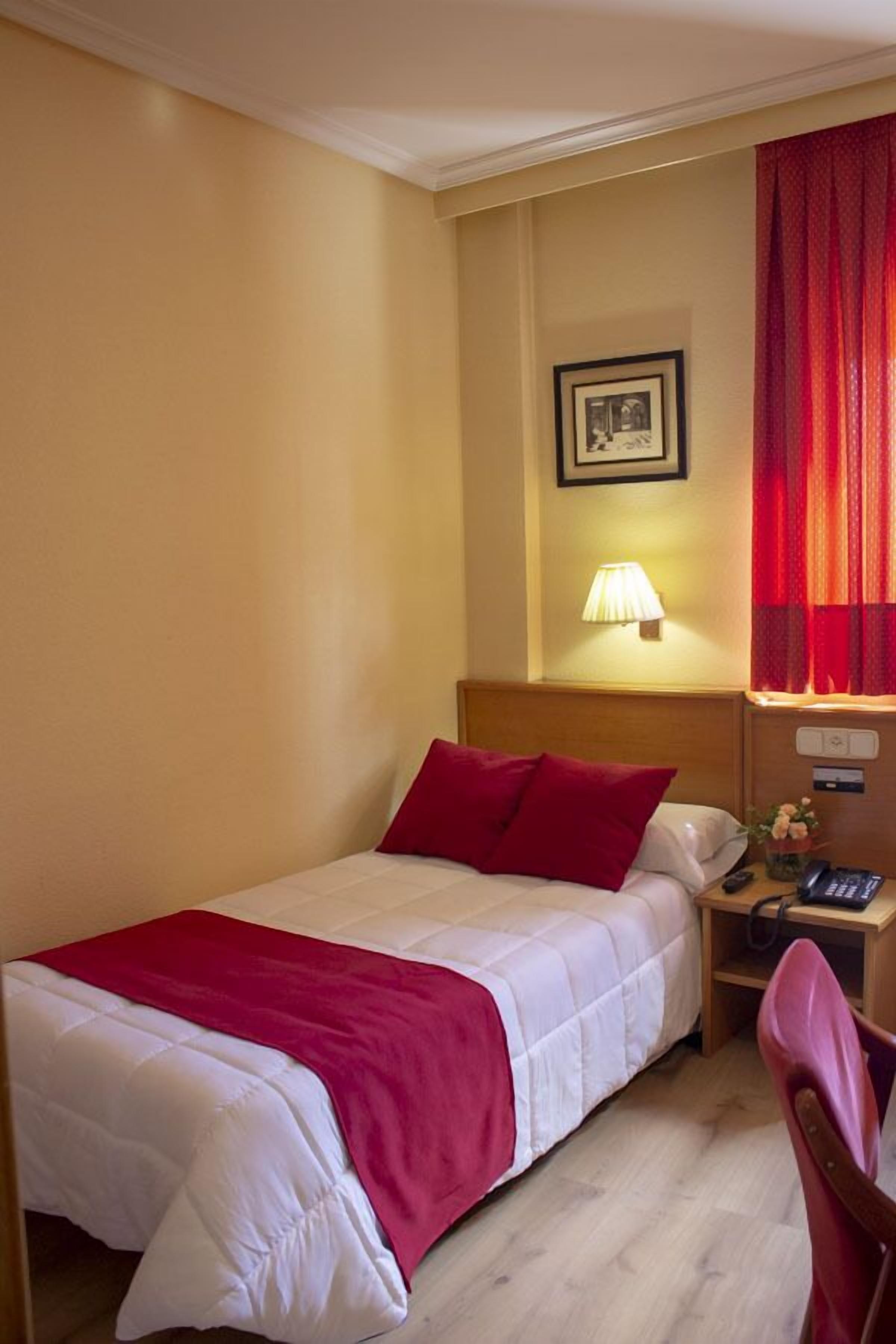 A hotel room with a bed, a nightstand, a lamp, and a red curtain.