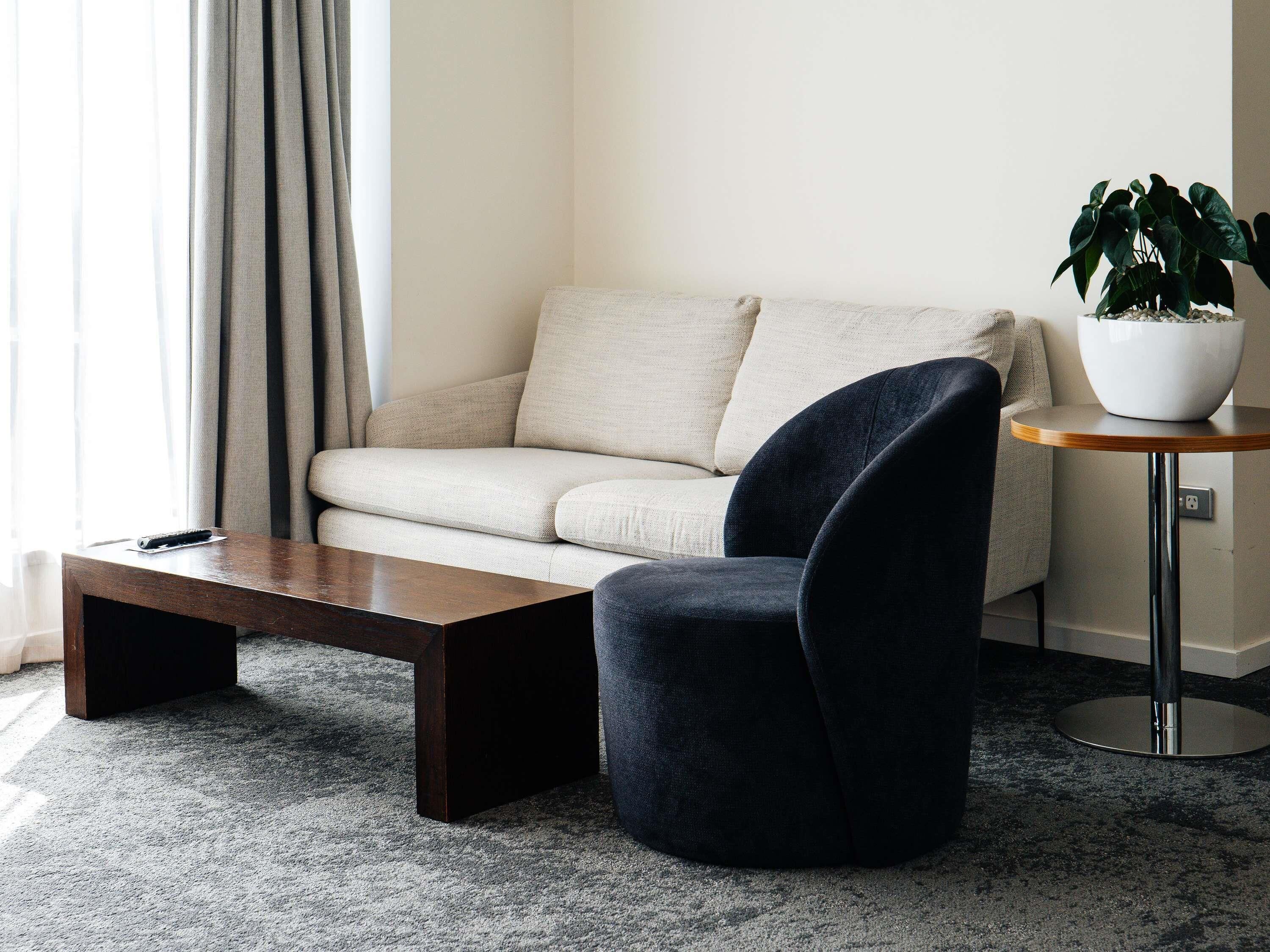 A modern living room with a sofa, a dark armchair, a coffee table, a side table with a plant, and a potted plant on the floor.