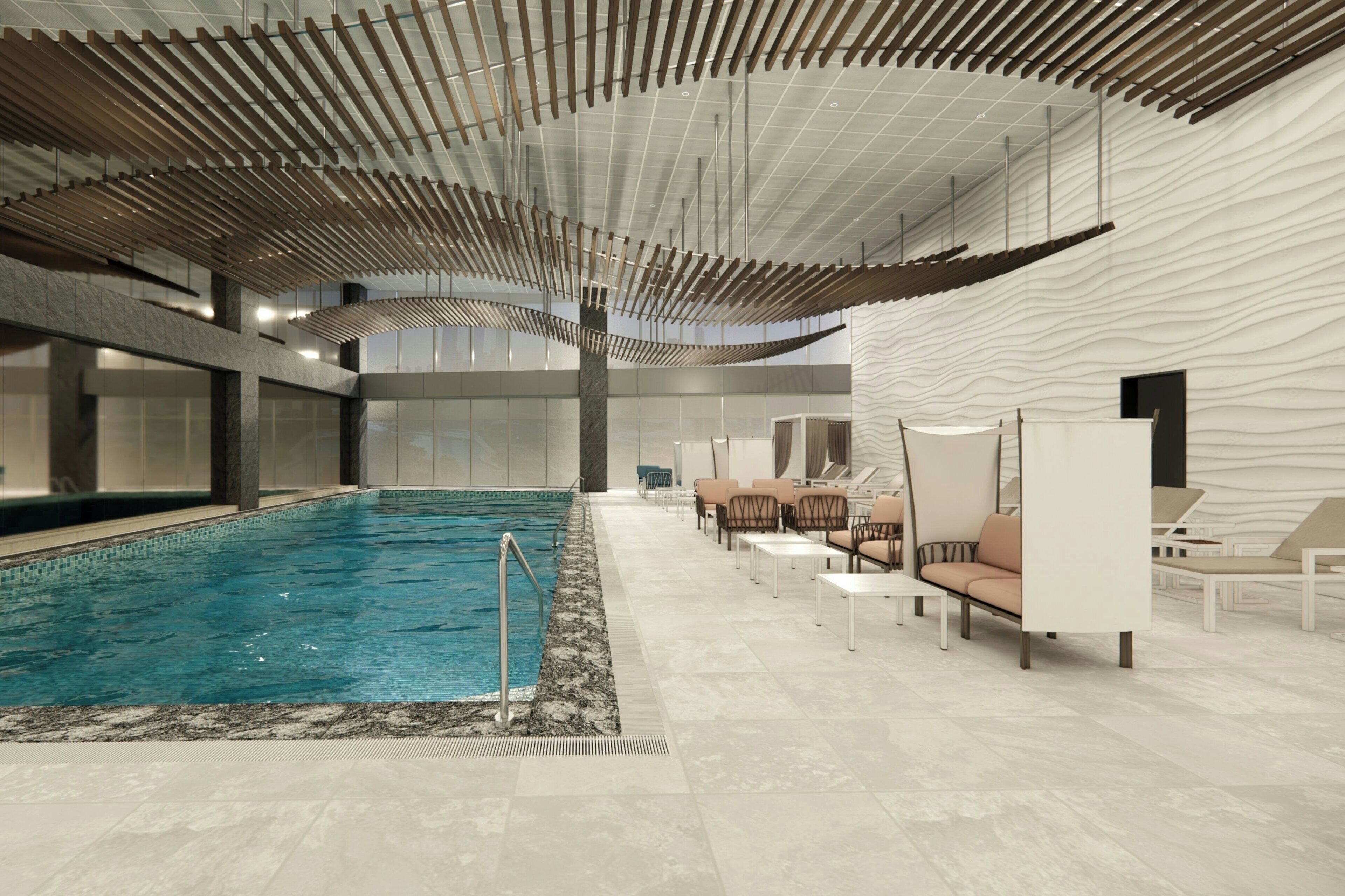 Piscina interna, funciona das 6h30 às 21h30, salva-vidas no local