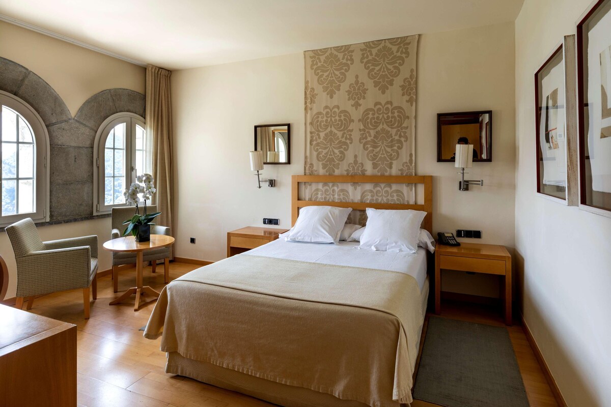 Una habitación de hotel con una cama grande, dos mesitas de noche, una silla, una pequeña mesa con una planta y una ventana con vistas.