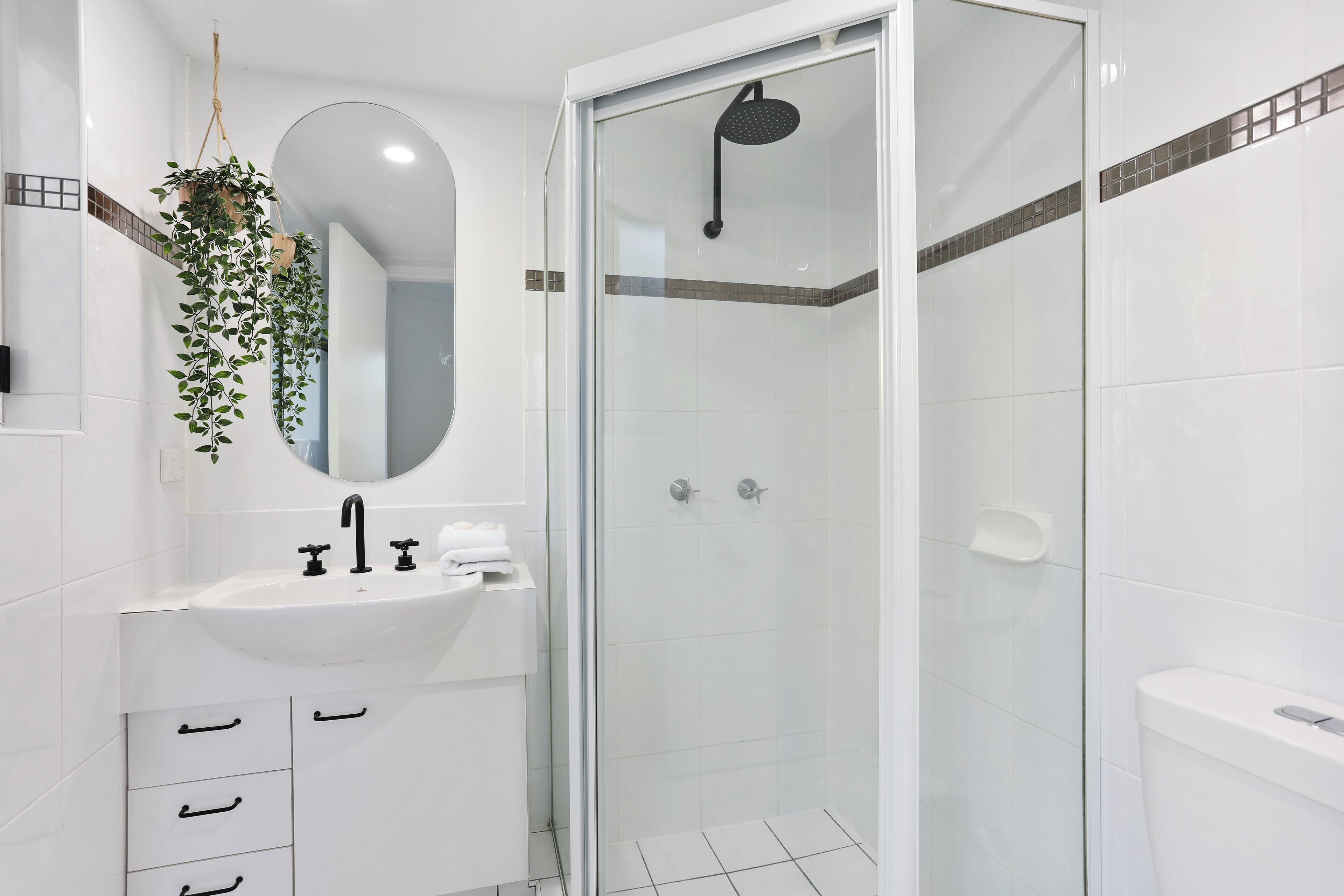 Un baño moderno con ducha envuelta en vidrio, un lavabo blanco con espejo y una planta colgante.